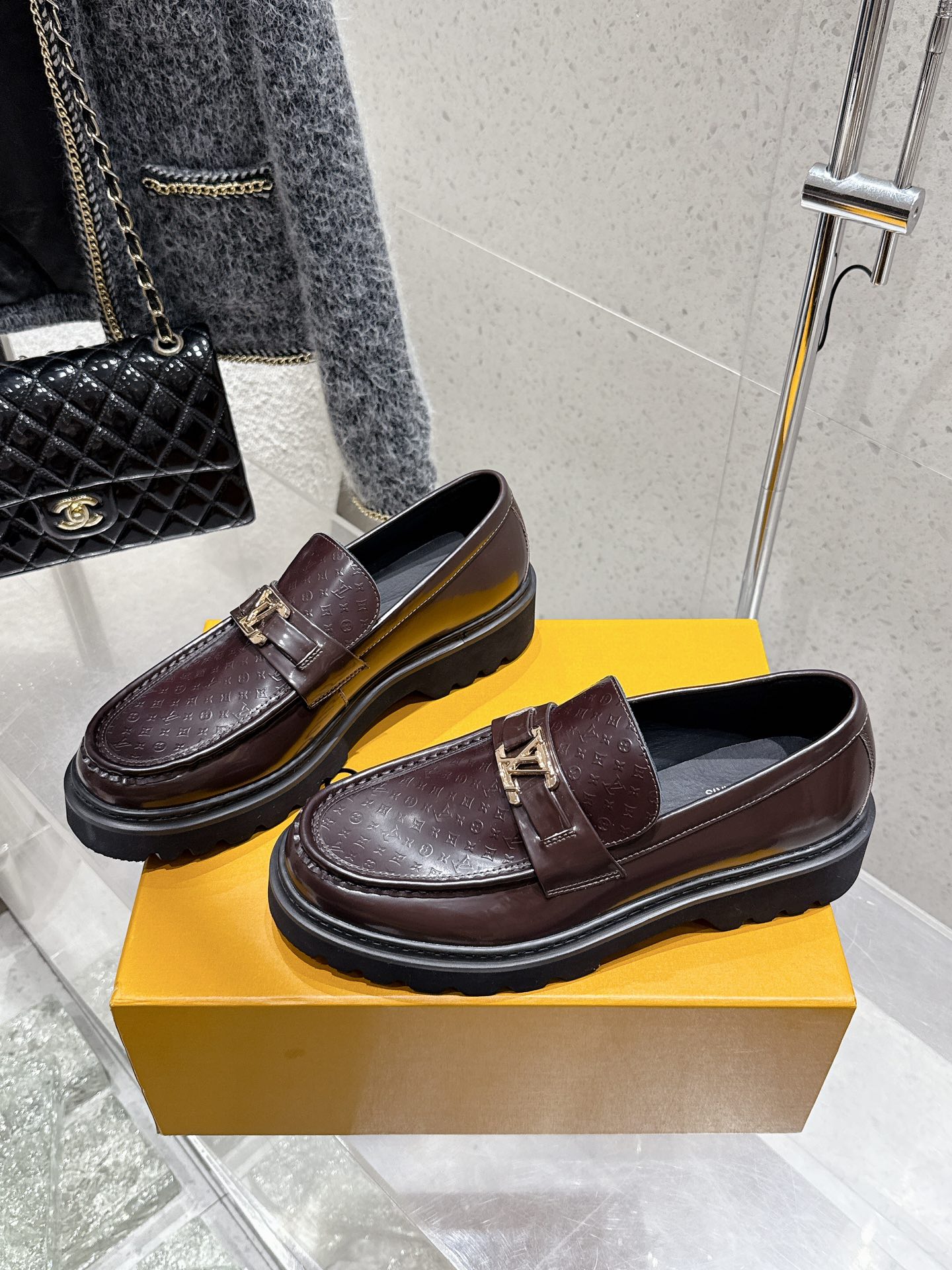 Louis Vuitton Women's Chain Loafer, Embossed Leather, Platform, Rubber Sole 1 Louis Vuitton Women's Chain Loafer, Embossed Leather, Platform, Rubber Sole