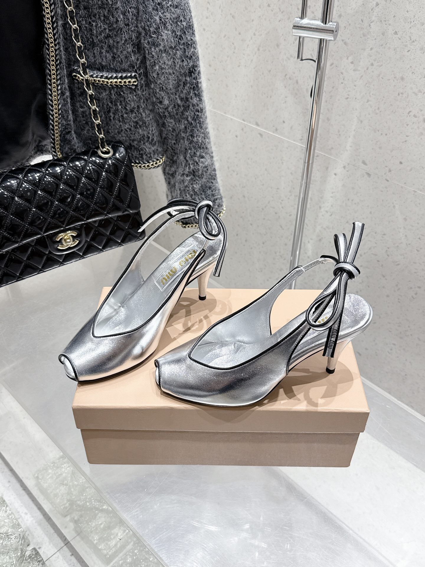 Miu Miu Retro High Heel Slingbacks with Bow Detail, Silver Leather 2 i1746014097 2277 2