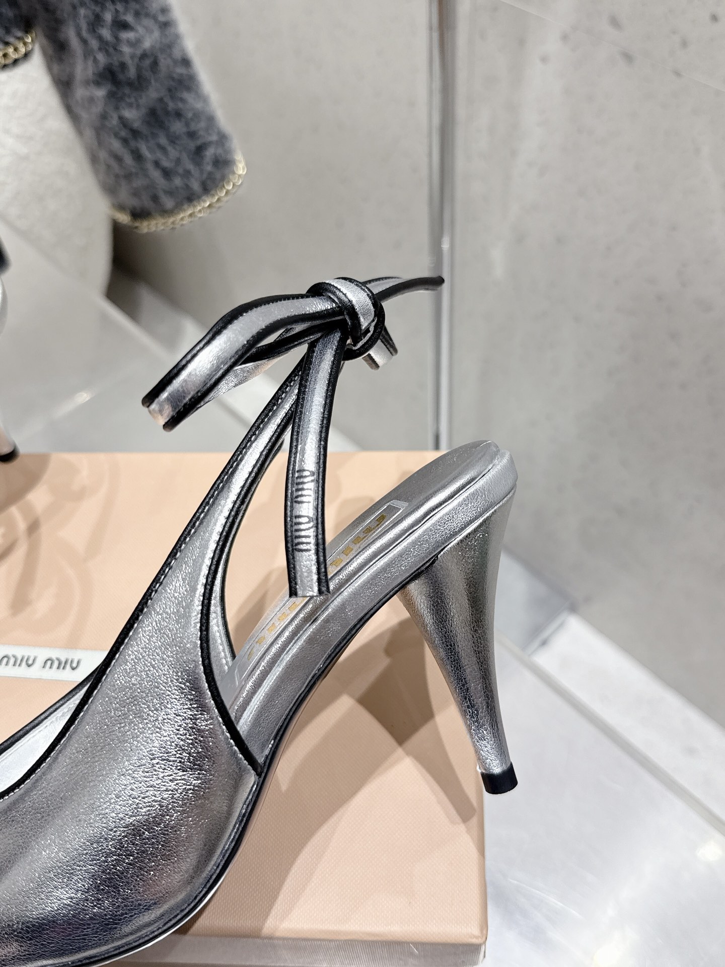 Miu Miu Retro High Heel Slingbacks with Bow Detail, Silver Leather 8 i1746014097 7657 0