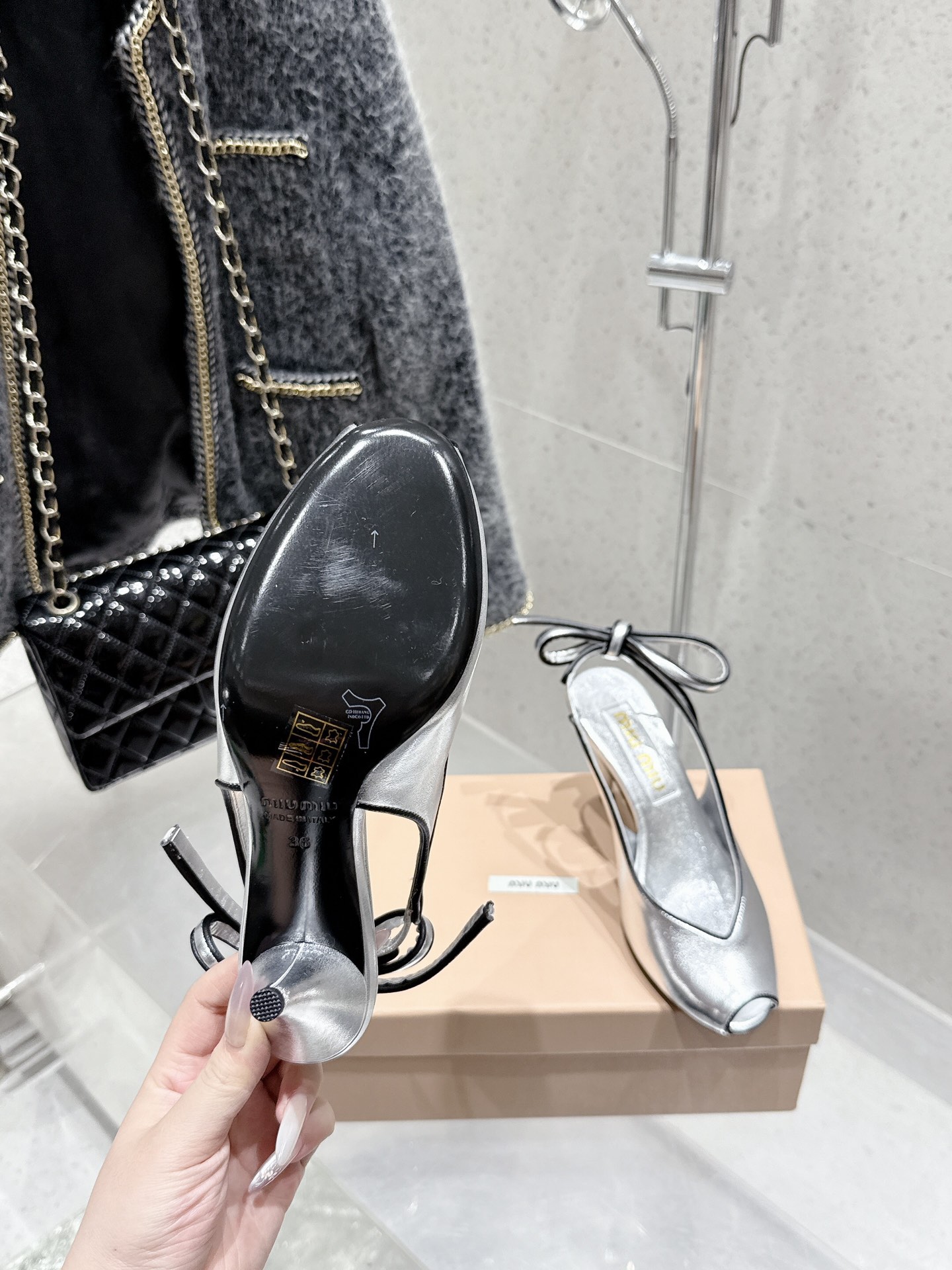 Miu Miu Retro High Heel Slingbacks with Bow Detail, Silver Leather 10 i1746014098 3047 8