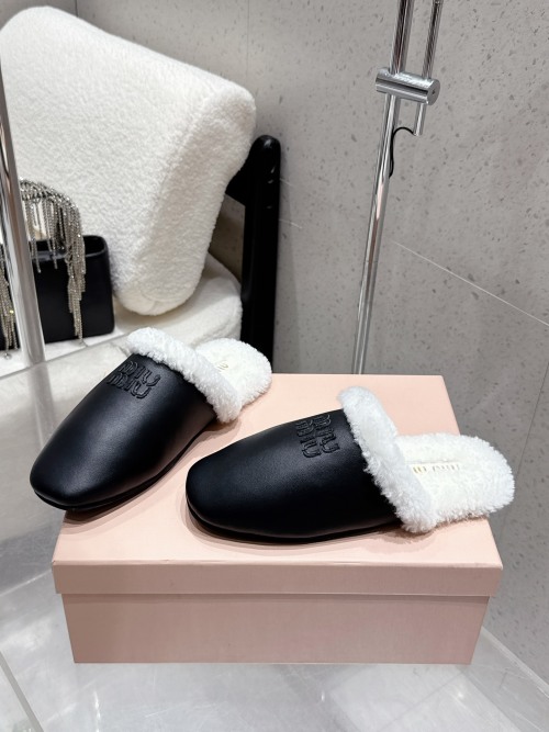 Miu Miu Women's Black Leather & Wool Slippers, Cozy & Lightweight, Sizes 35-40 1 Miu Miu Women's Black Leather & Wool Slippers, Cozy & Lightweight, Sizes 35-40