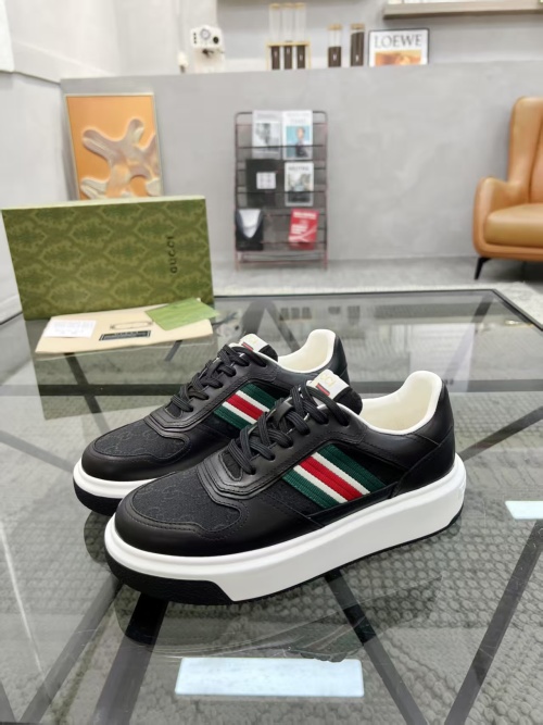 Gucci Men's Black Leather Lace-Up Sneakers with Signature Web Stripe