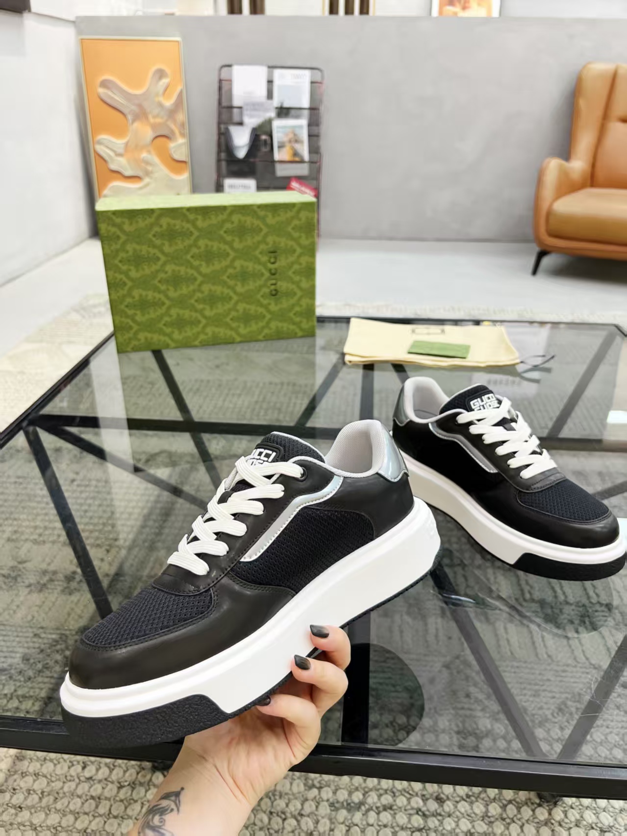 Gucci Men's Black Leather & Mesh Lace-Up Sneakers - Comfortable & Stylish 5 a1748399274600 5012