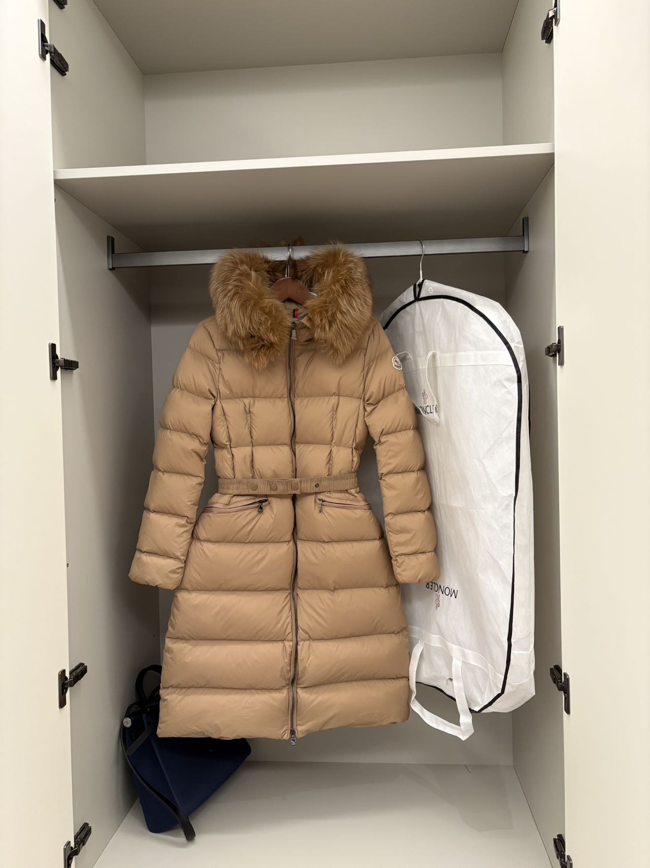 Tan Belted Long Puffer Coat