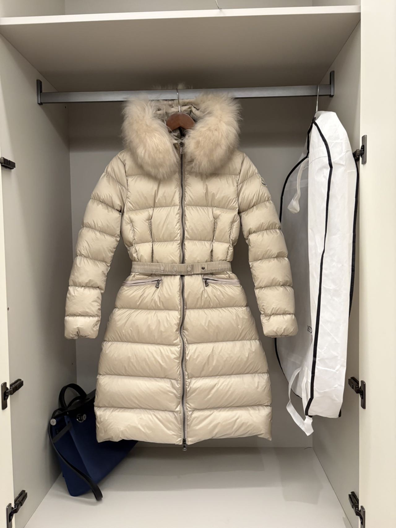 Beige Belted Long Puffer Coat