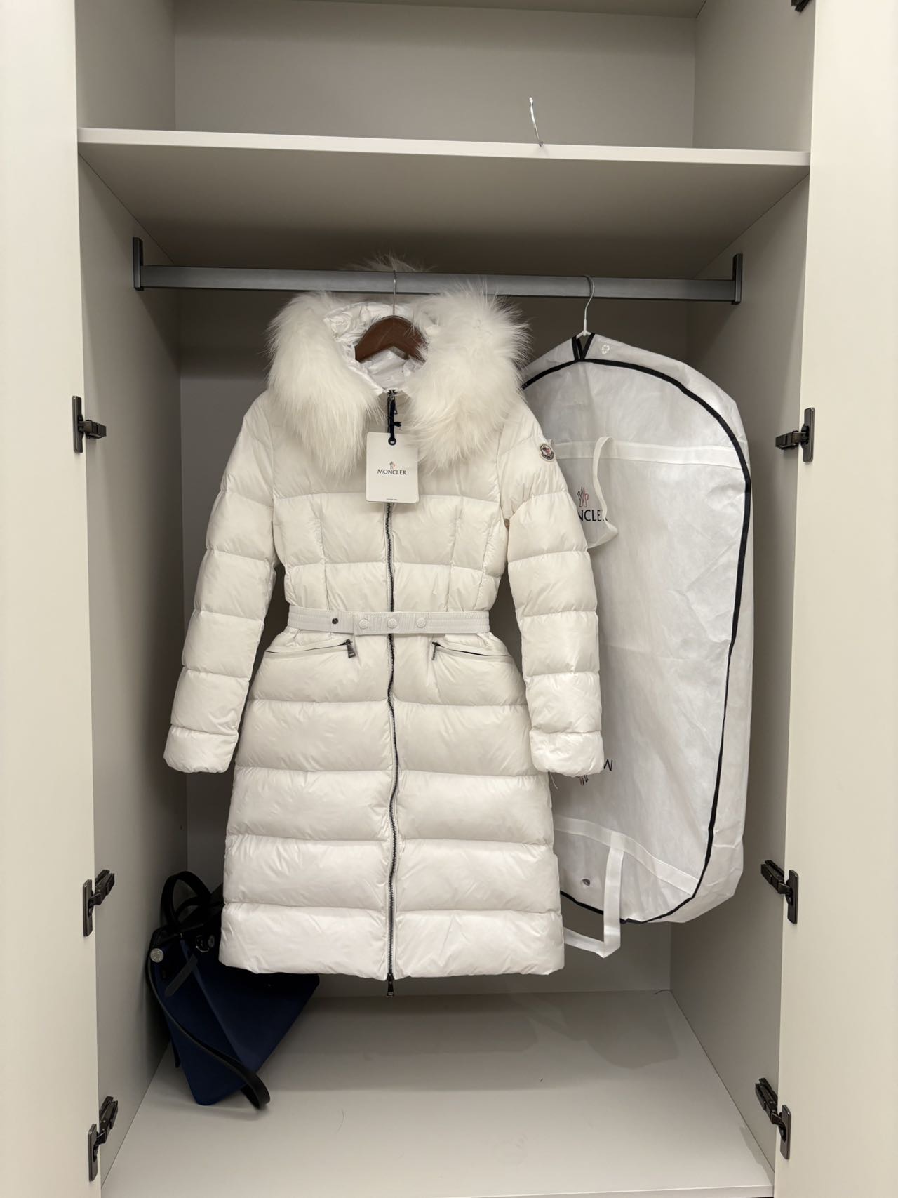 White Belted Long Puffer Coat