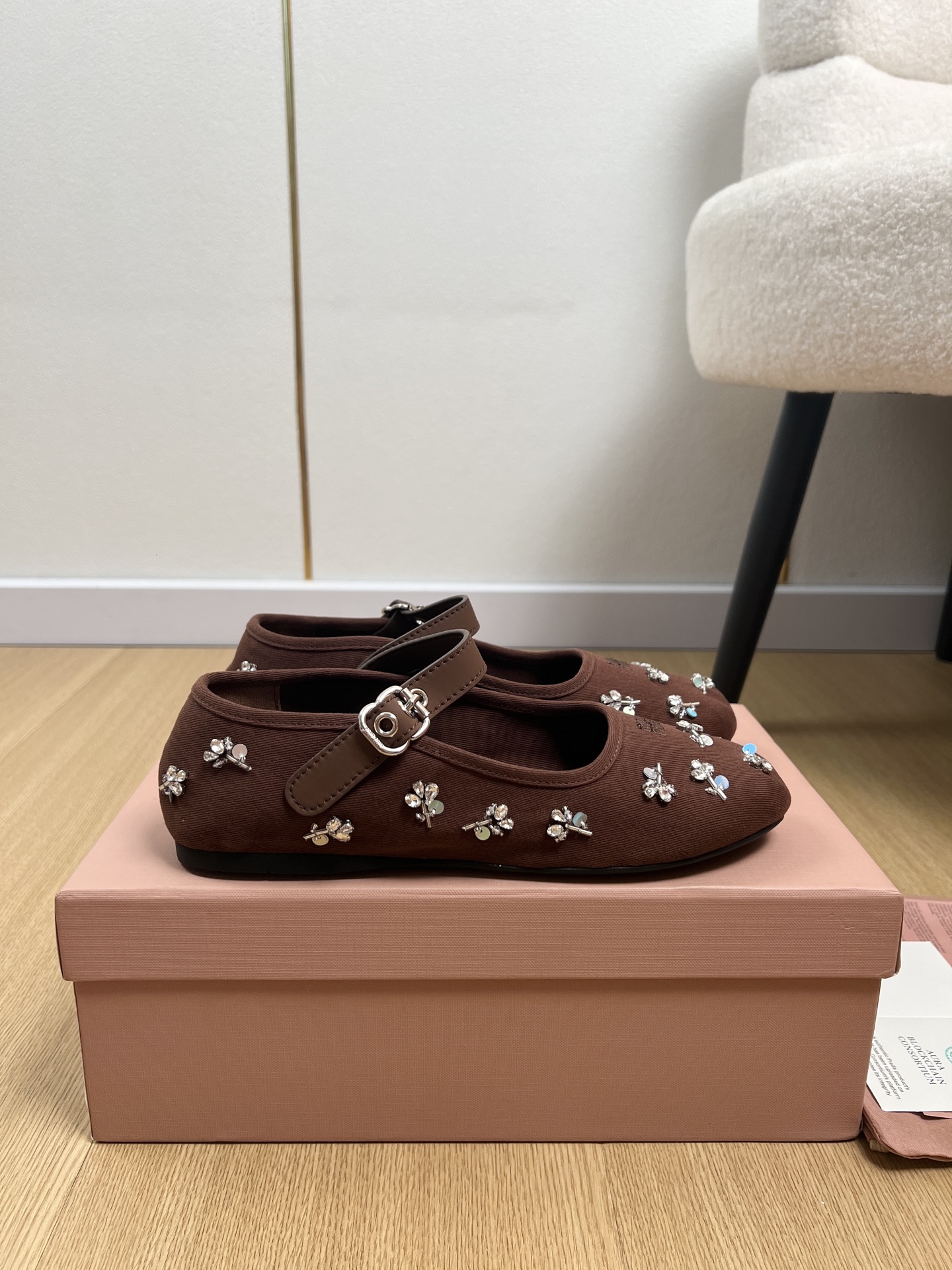 Miu Miu Brown Crystal Floral Mary Janes
