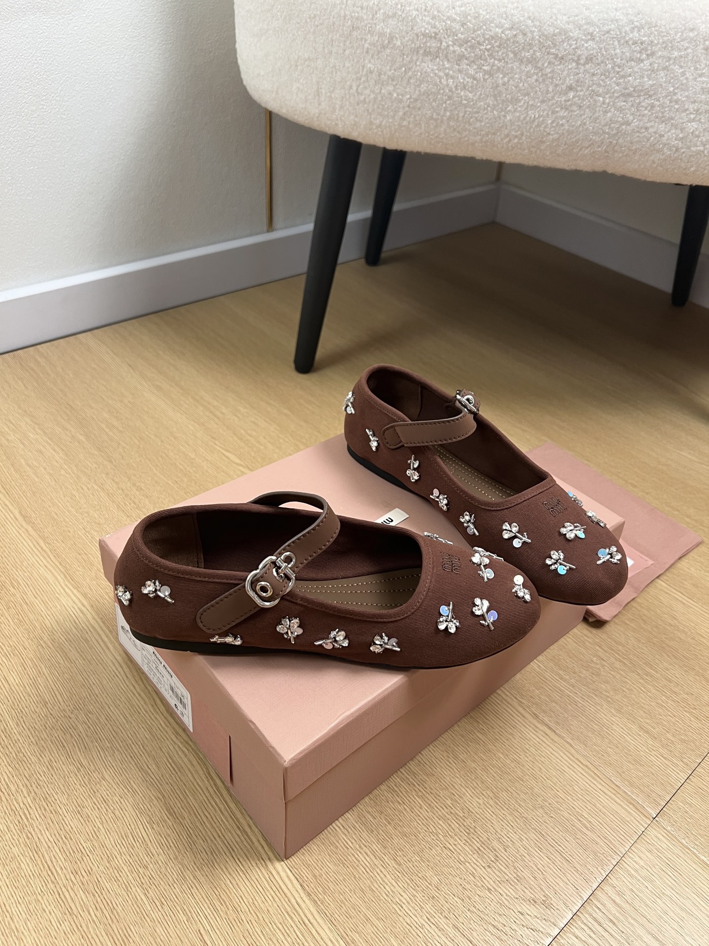 Miu Miu Brown Crystal Floral Mary Janes