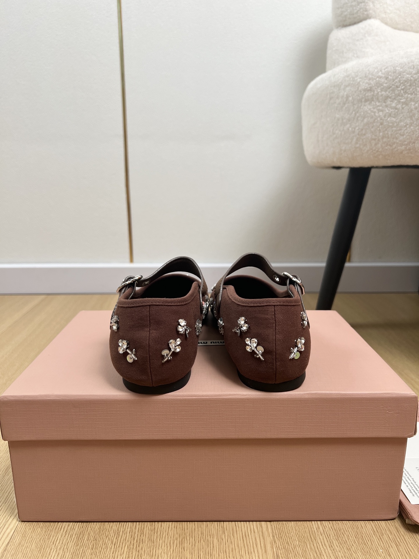Miu Miu Brown Crystal Floral Mary Janes
