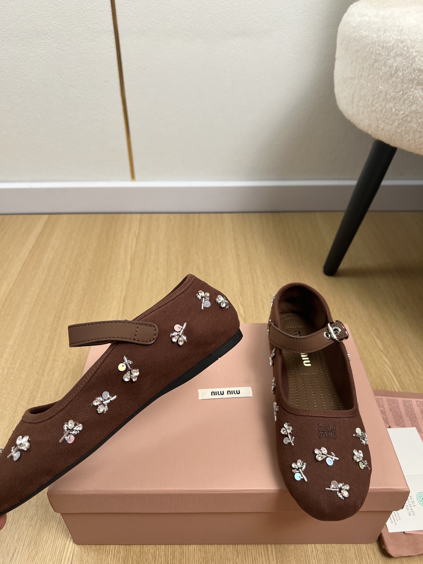 Miu Miu Brown Crystal Floral Mary Janes