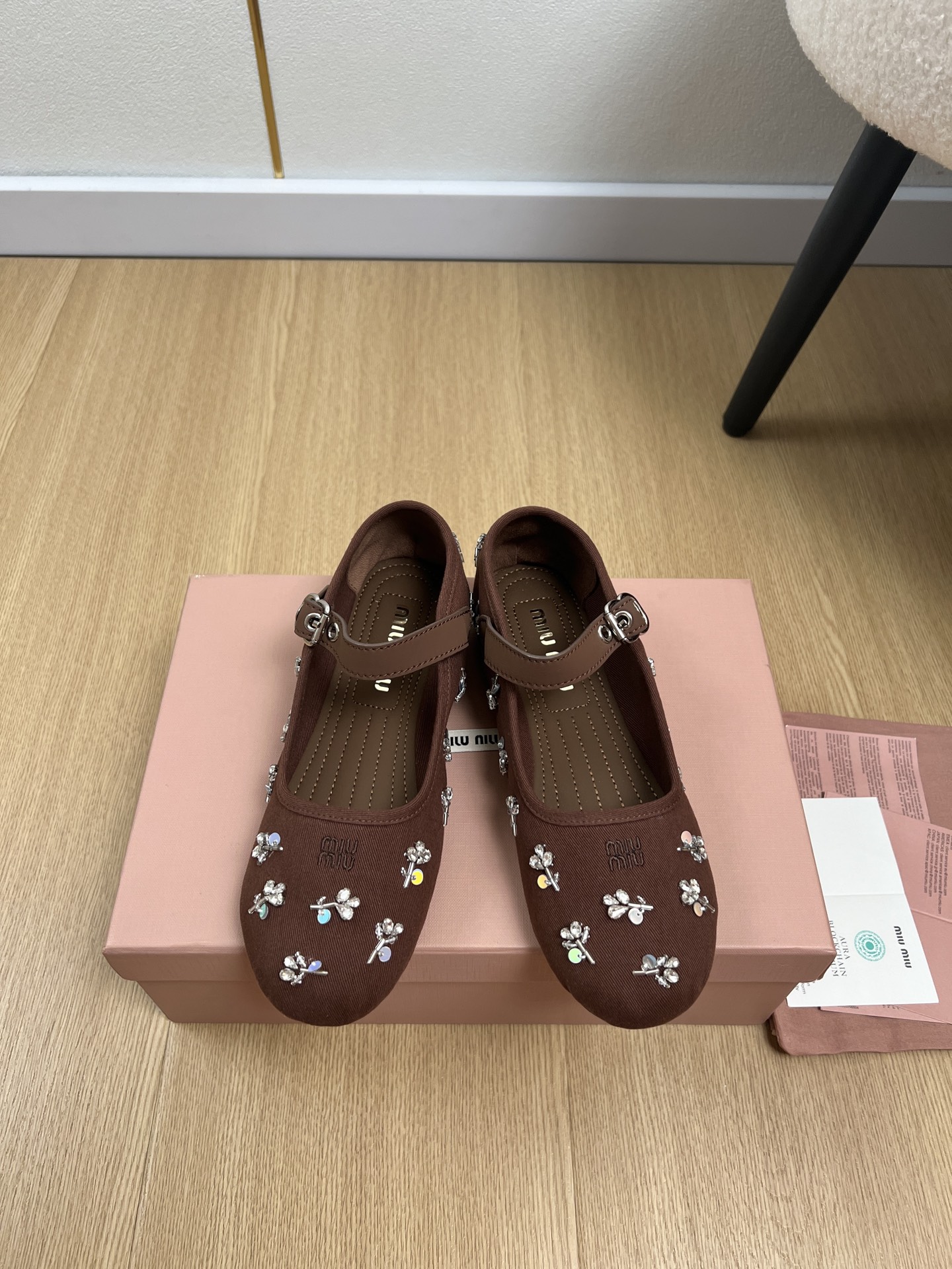 Miu Miu Brown Crystal Floral Mary Janes
