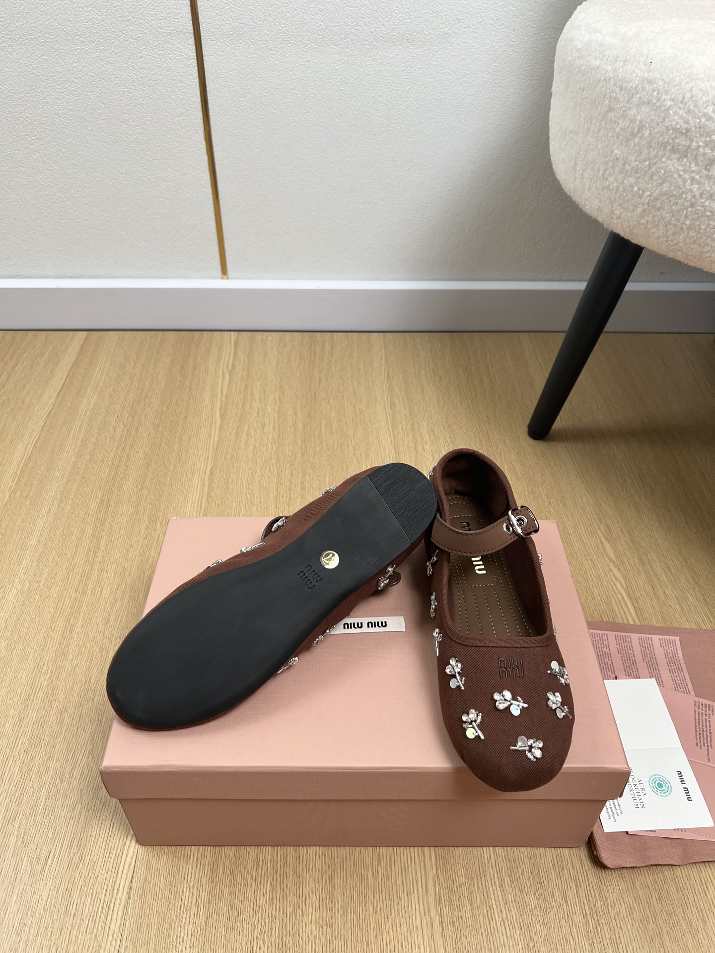 Miu Miu Brown Crystal Floral Mary Janes