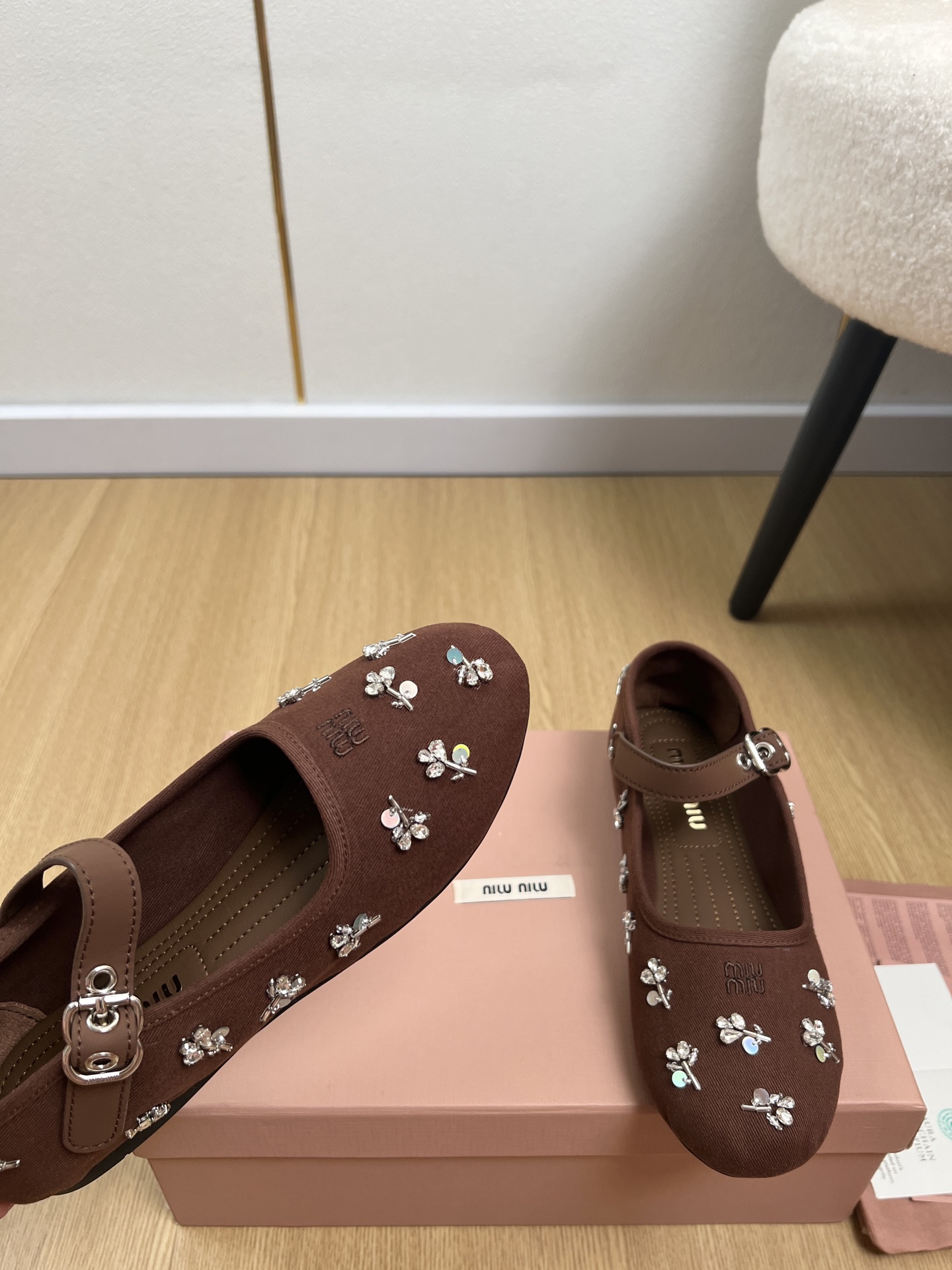 Miu Miu Brown Crystal Floral Mary Janes