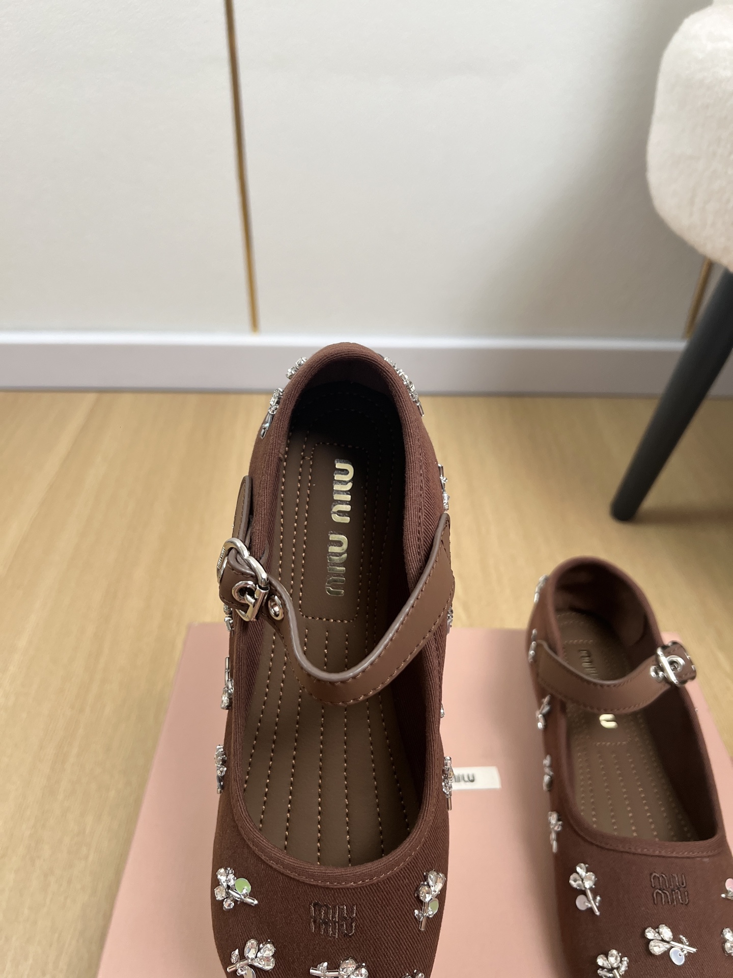 Miu Miu Brown Crystal Floral Mary Janes