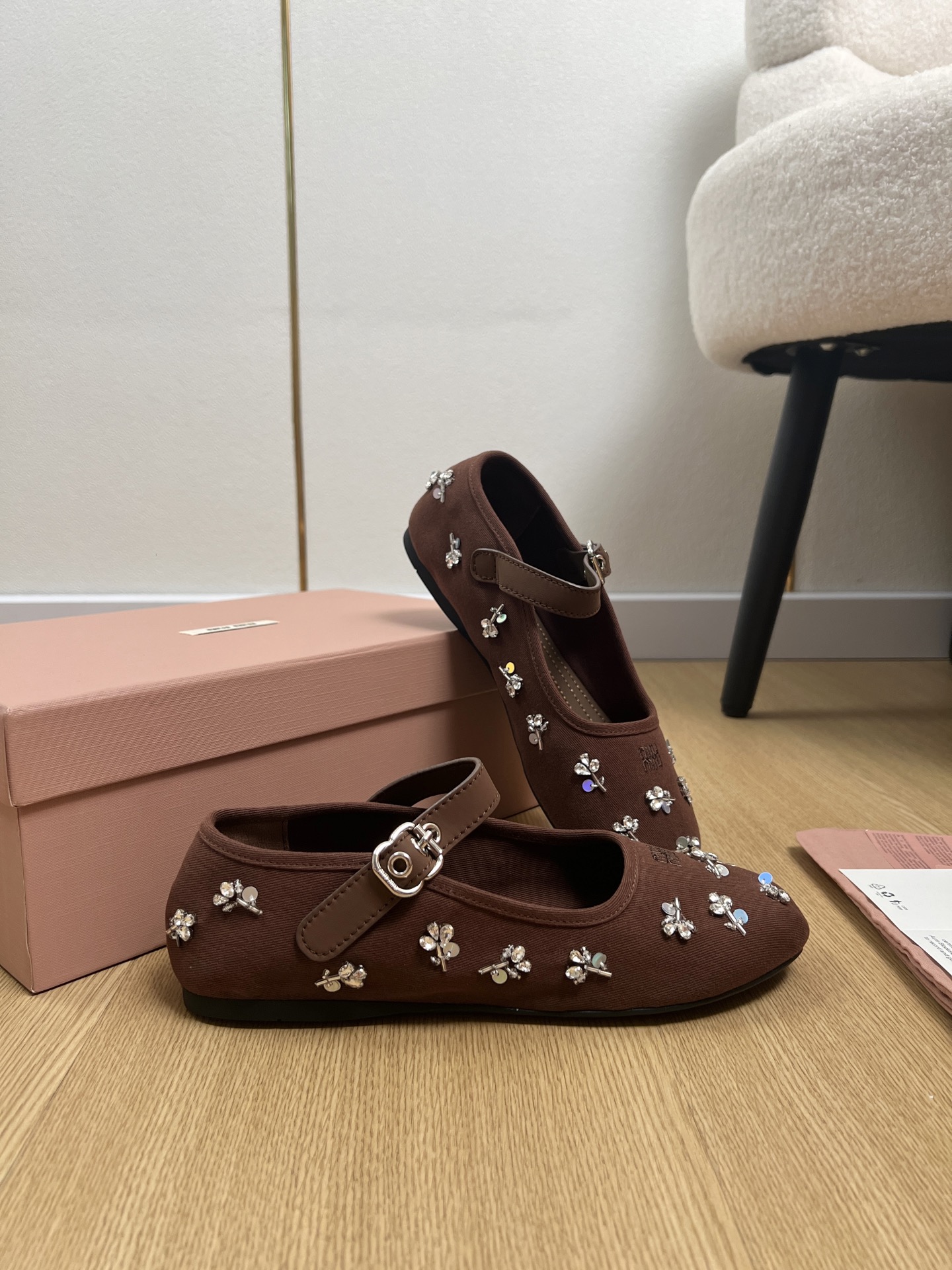 Miu Miu Brown Crystal Floral Mary Janes