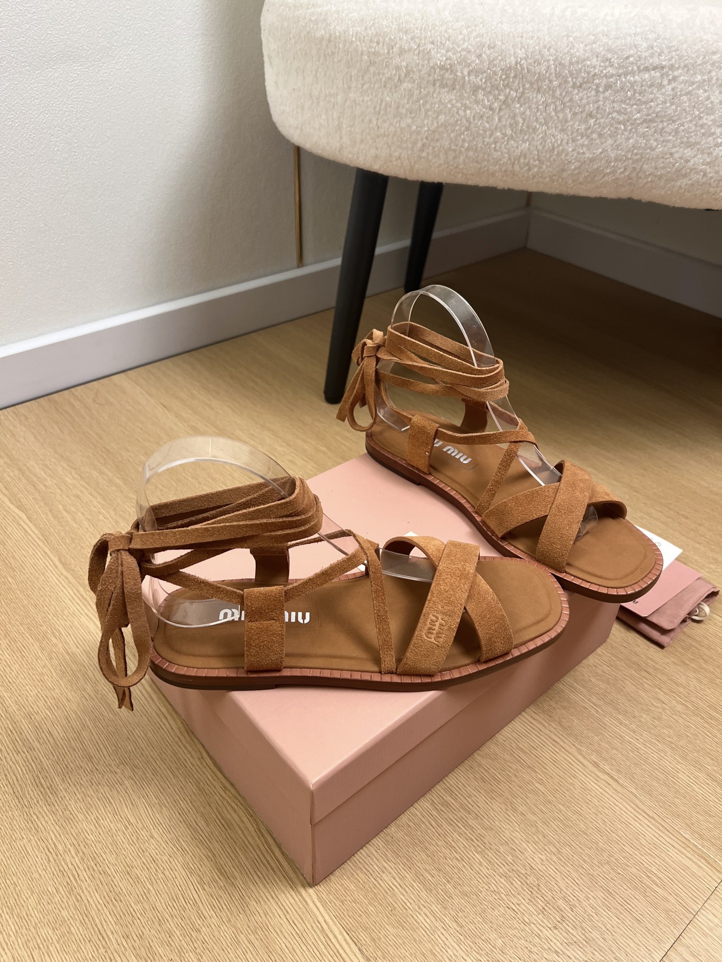 Miu Miu Suede Ankle Tie Sandals