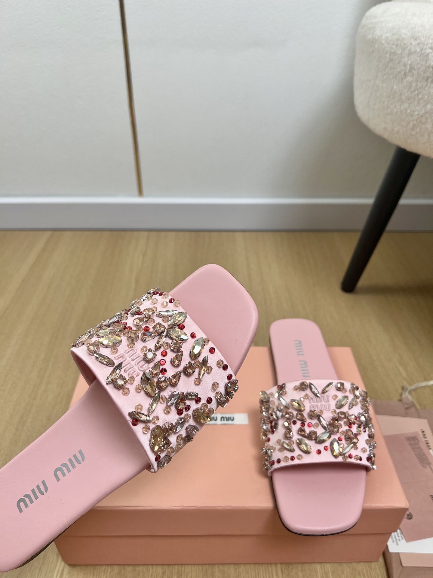 Miu Miu Crystal Satin Slides