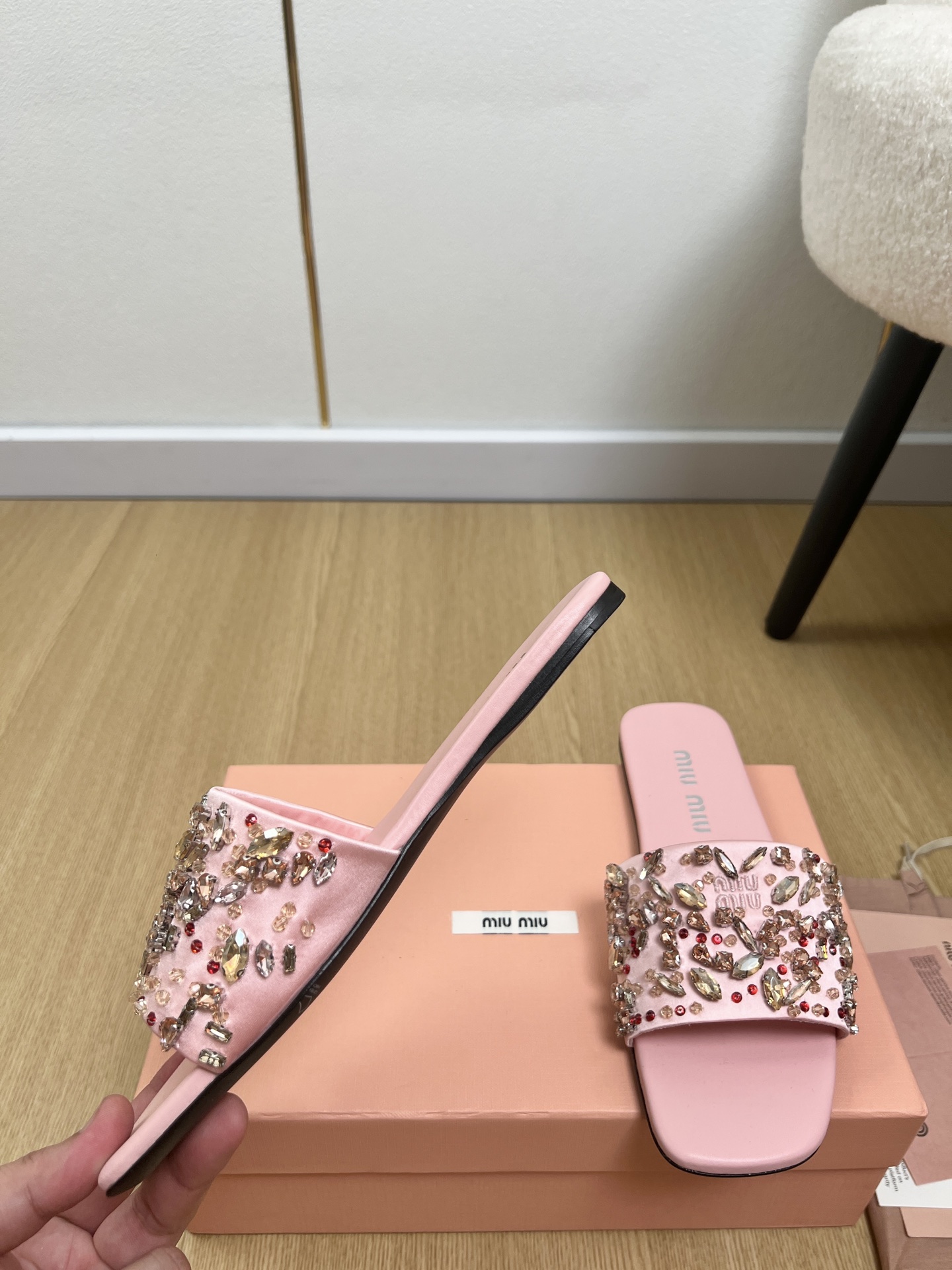 Miu Miu Crystal Satin Slides