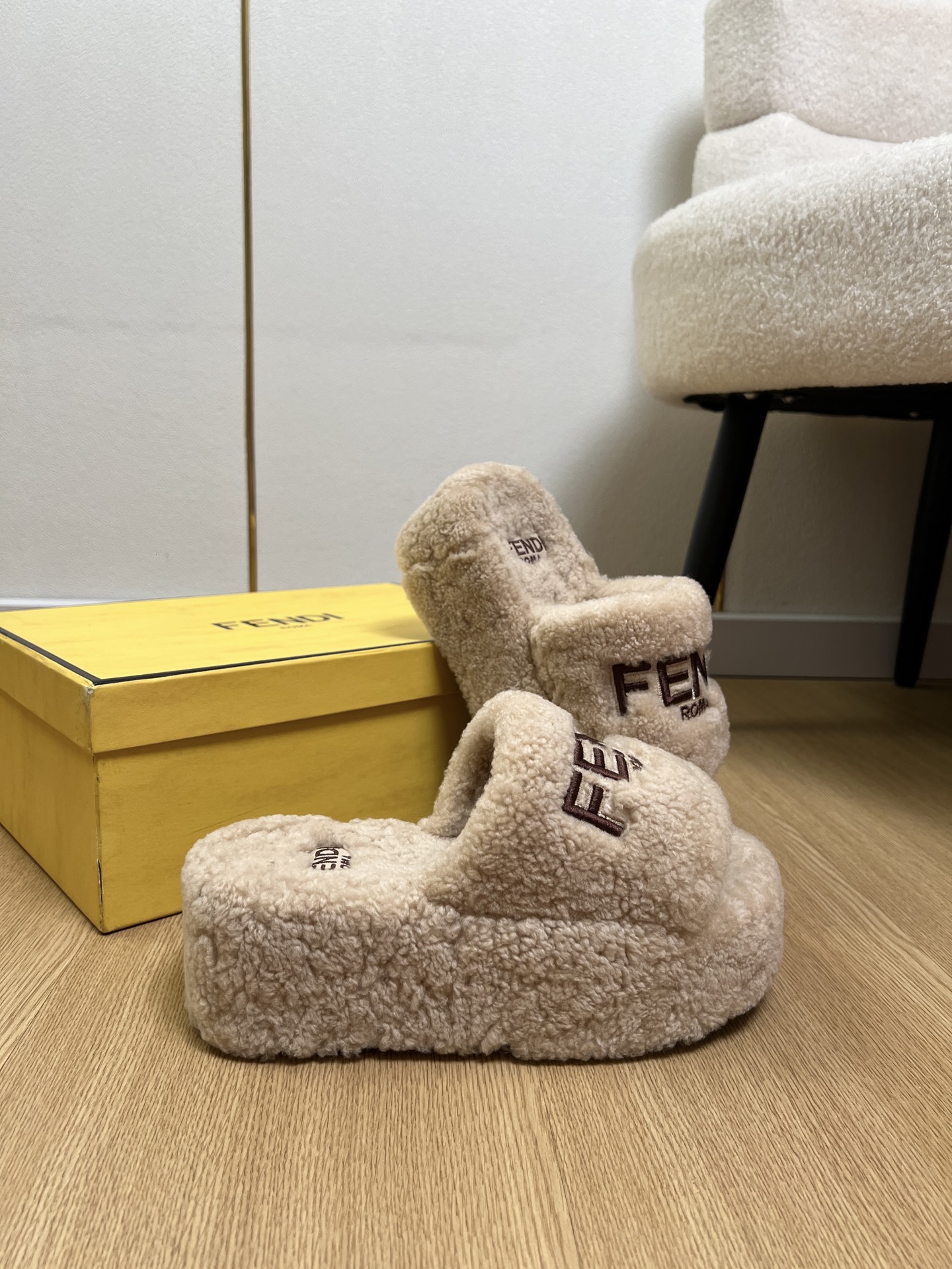 Fendi Beige Fuzzy Platform Slides