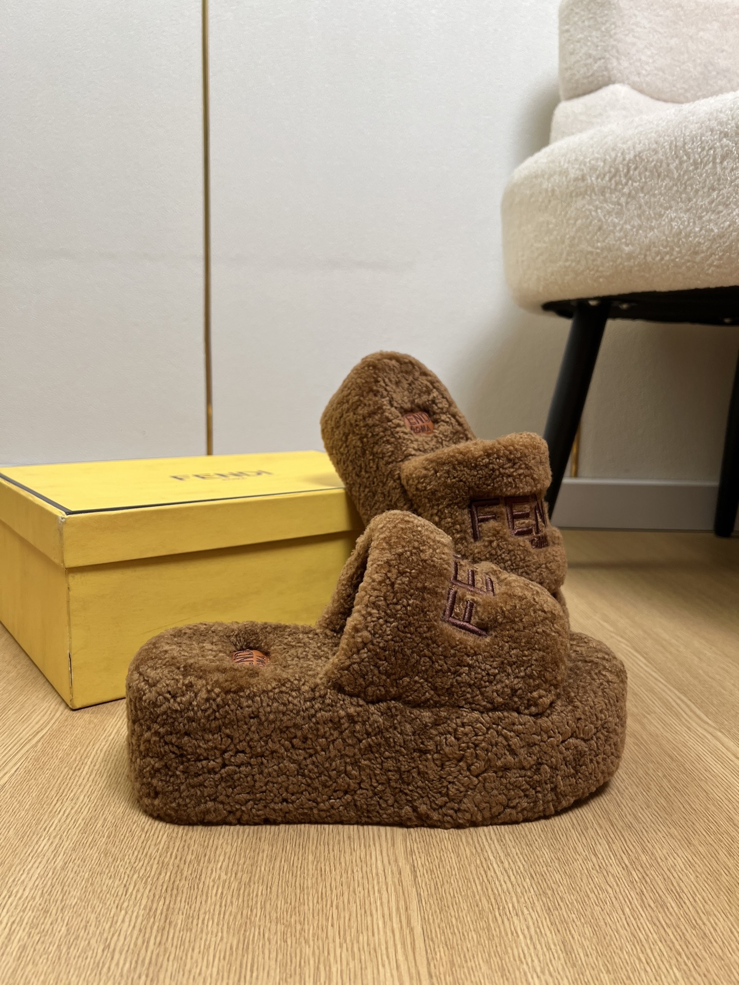 Fendi Brown Fuzzy Platform Slides
