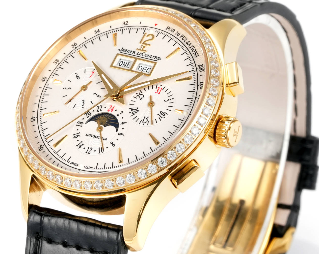 Jaeger-LeCoultre Master Grande Tradition Quantieme Perpetual yellow gold case, diamond bezel, silver dial, black leather strap 40mm Men's Automatic