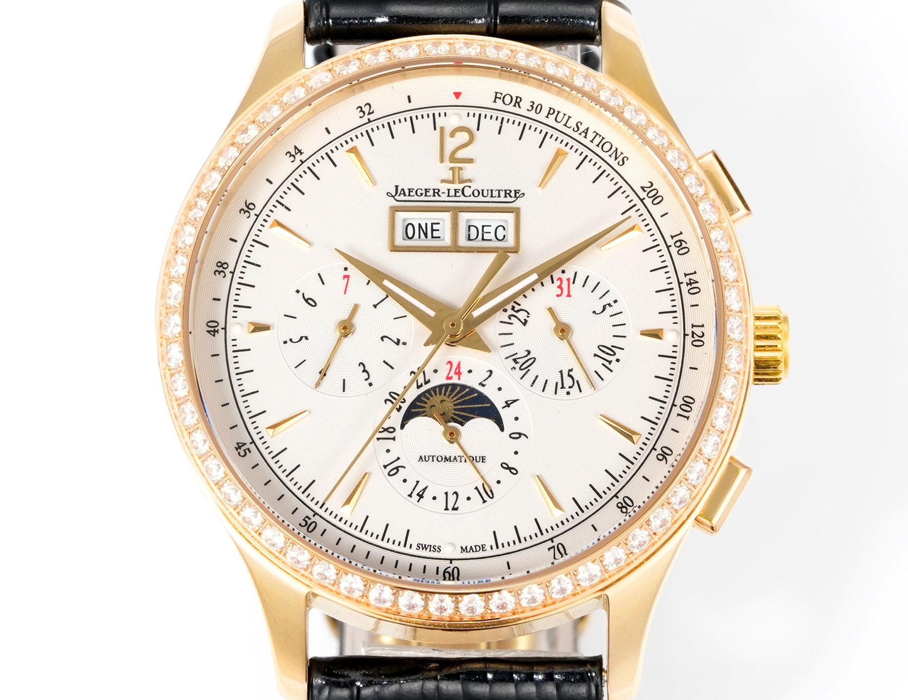 Jaeger-LeCoultre Master Grande Tradition Quantieme Perpetual yellow gold case, diamond bezel, silver dial, black leather strap 40mm Men's Automatic