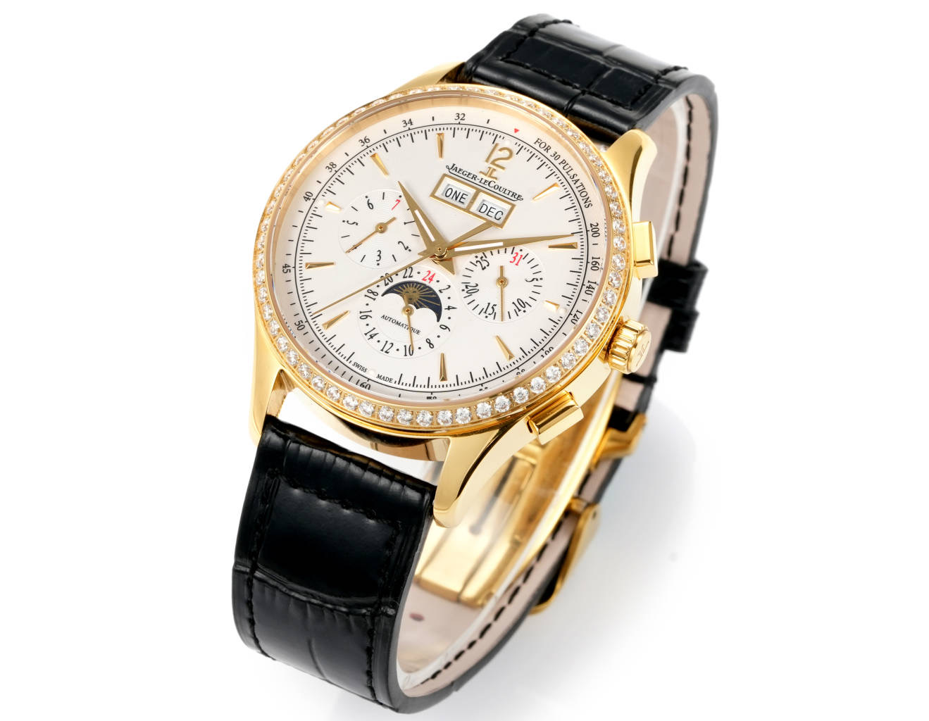 Jaeger-LeCoultre Master Grande Tradition Quantieme Perpetual yellow gold case, diamond bezel, silver dial, black leather strap 40mm Men's Automatic