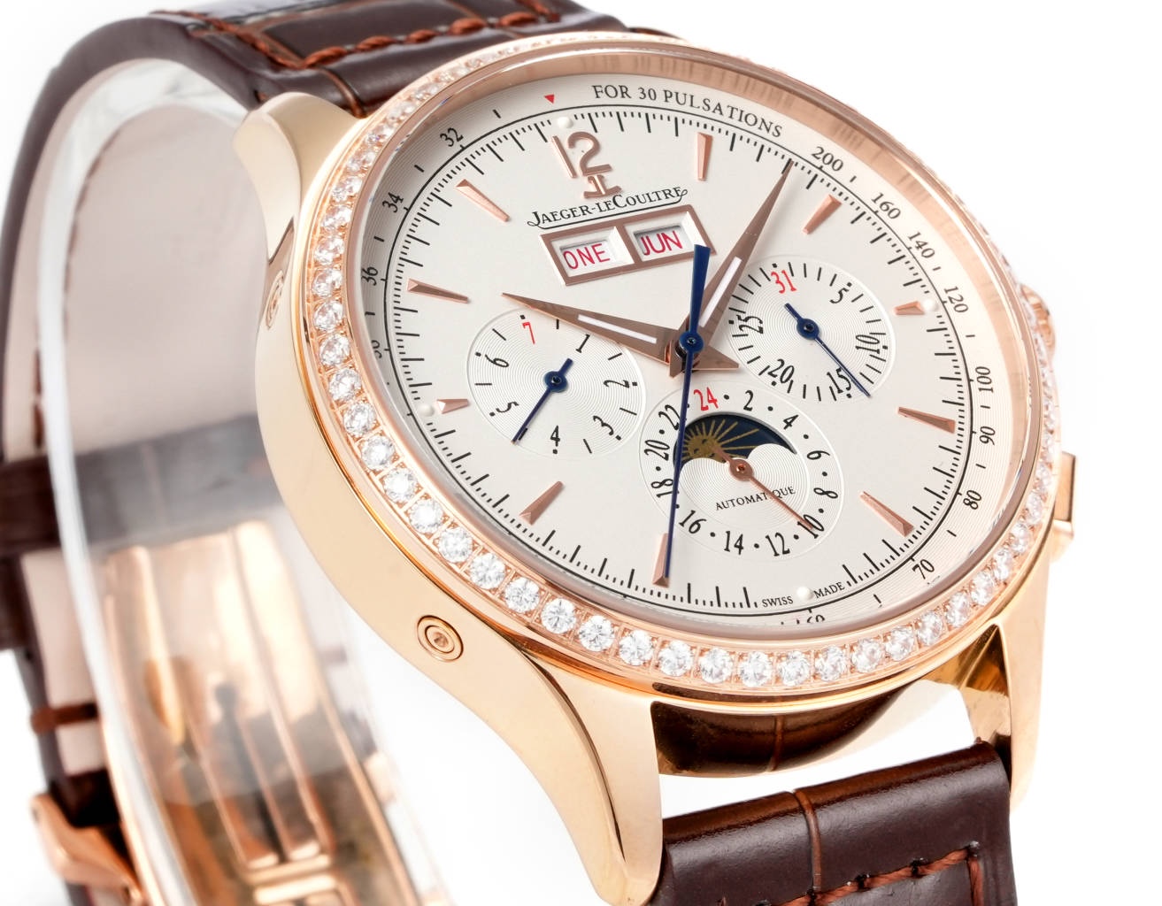 Jaeger-LeCoultre Master Control Chronograph Calendar 4138420 rose gold diamond bezel silver dial brown leather strap 40mm Men's Automatic