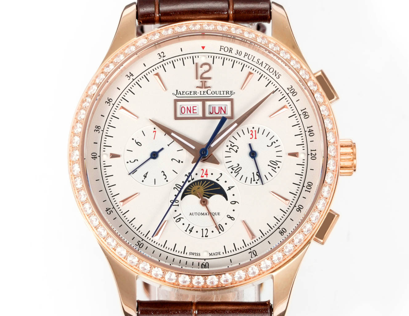 Jaeger-LeCoultre Master Control Chronograph Calendar 4138420 rose gold diamond bezel silver dial brown leather strap 40mm Men's Automatic