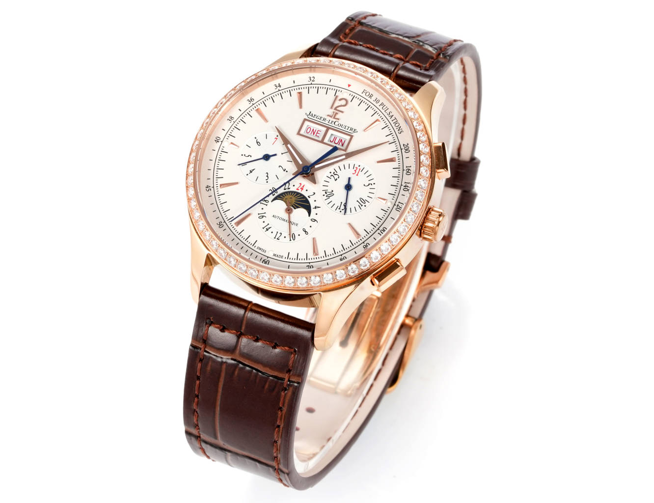 Jaeger-LeCoultre Master Control Chronograph Calendar 4138420 rose gold diamond bezel silver dial brown leather strap 40mm Men's Automatic