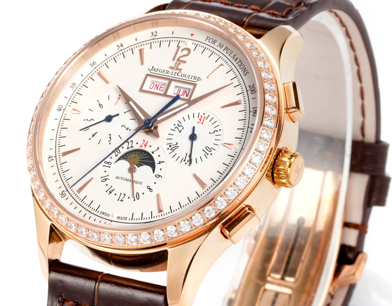 Jaeger-LeCoultre Master Control Chronograph Calendar 4138420 rose gold diamond bezel silver dial brown leather strap 40mm Men's Automatic