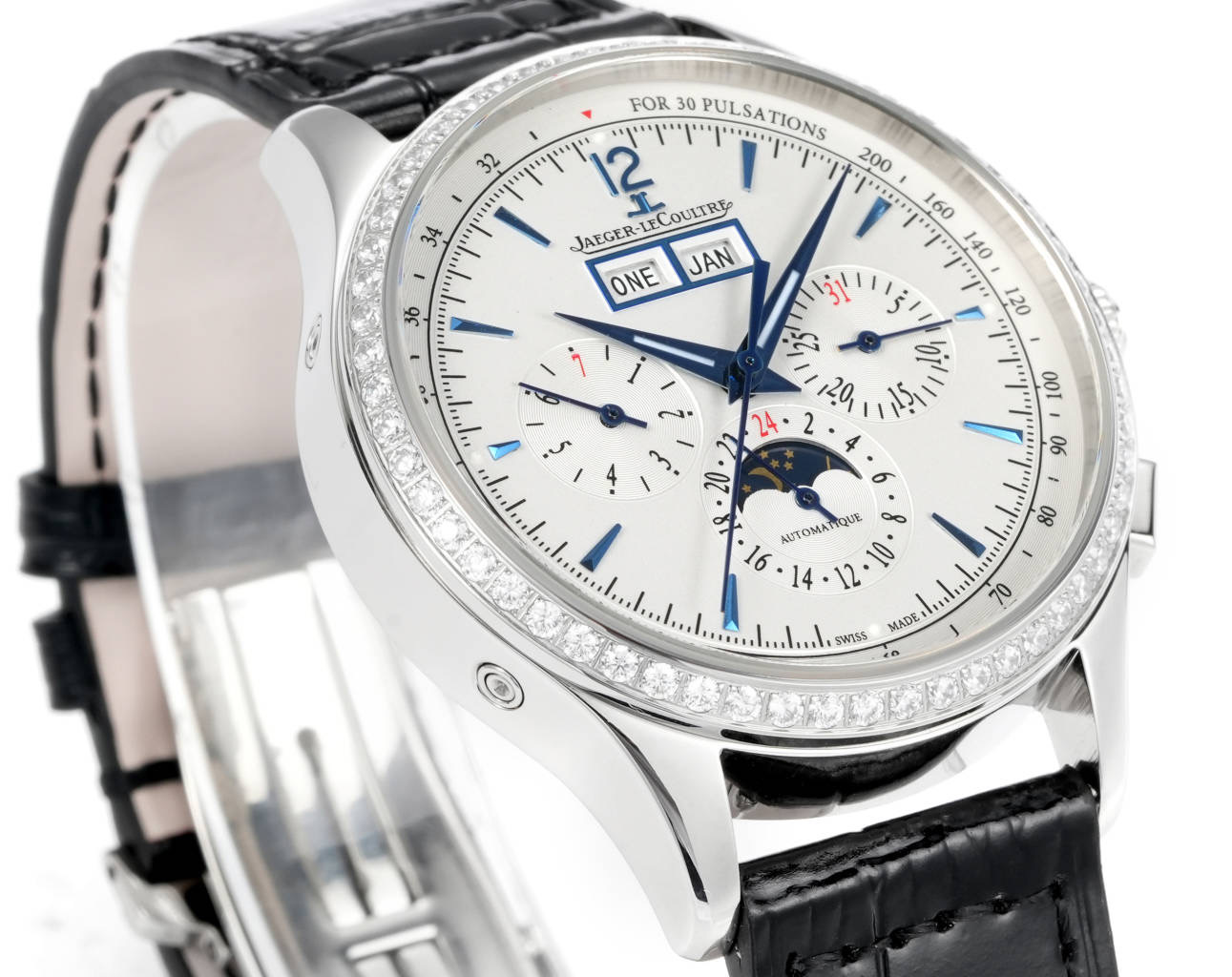 Jaeger-LeCoultre Master Ultra Thin Perpetual Calendar Chronograph 4138420 silver case with diamond bezel, white dial, black leather strap 41mm Men's Automatic