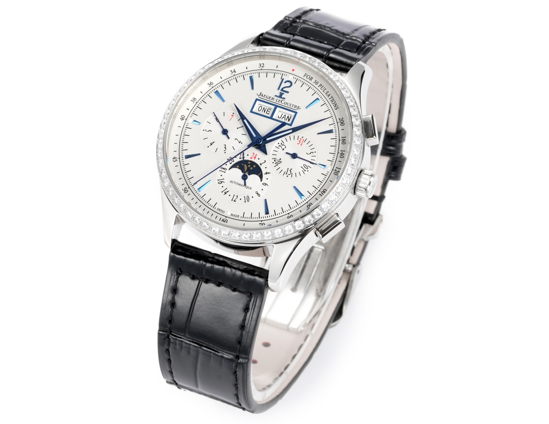 Jaeger-LeCoultre Master Ultra Thin Perpetual Calendar Chronograph 4138420 silver case with diamond bezel, white dial, black leather strap 41mm Men's Automatic