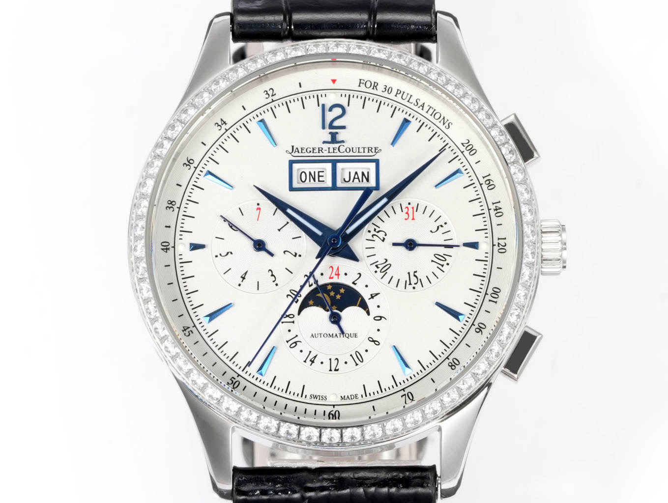 Jaeger-LeCoultre Master Ultra Thin Perpetual Calendar Chronograph 4138420 silver case with diamond bezel, white dial, black leather strap 41mm Men's Automatic