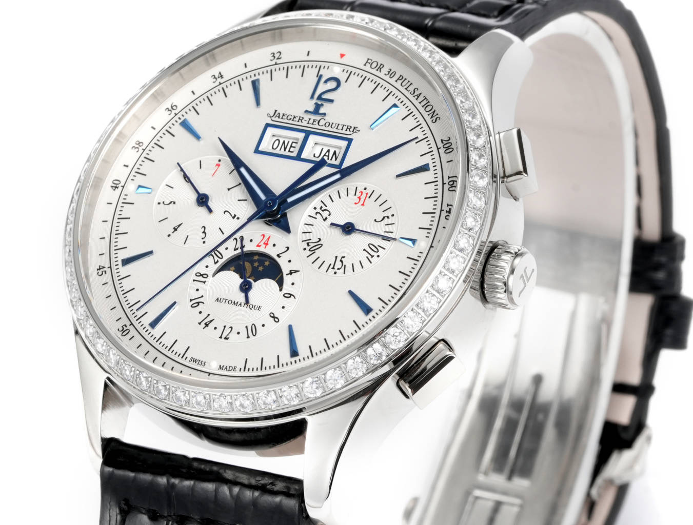 Jaeger-LeCoultre Master Ultra Thin Perpetual Calendar Chronograph 4138420 silver case with diamond bezel, white dial, black leather strap 41mm Men's Automatic