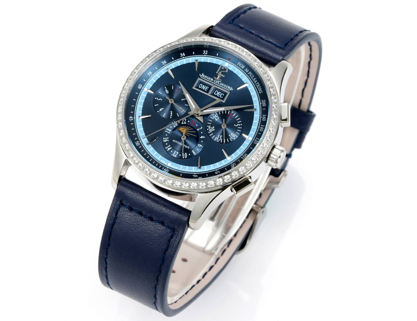 Jaeger-LeCoultre Master Control Chronograph Calendar 4138420 stainless steel diamond bezel blue dial blue leather strap 40mm Men's Automatic
