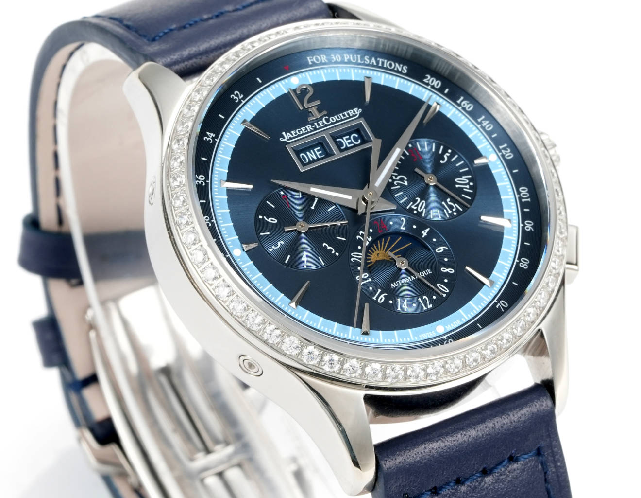 Jaeger-LeCoultre Master Control Chronograph Calendar 4138420 stainless steel diamond bezel blue dial blue leather strap 40mm Men's Automatic