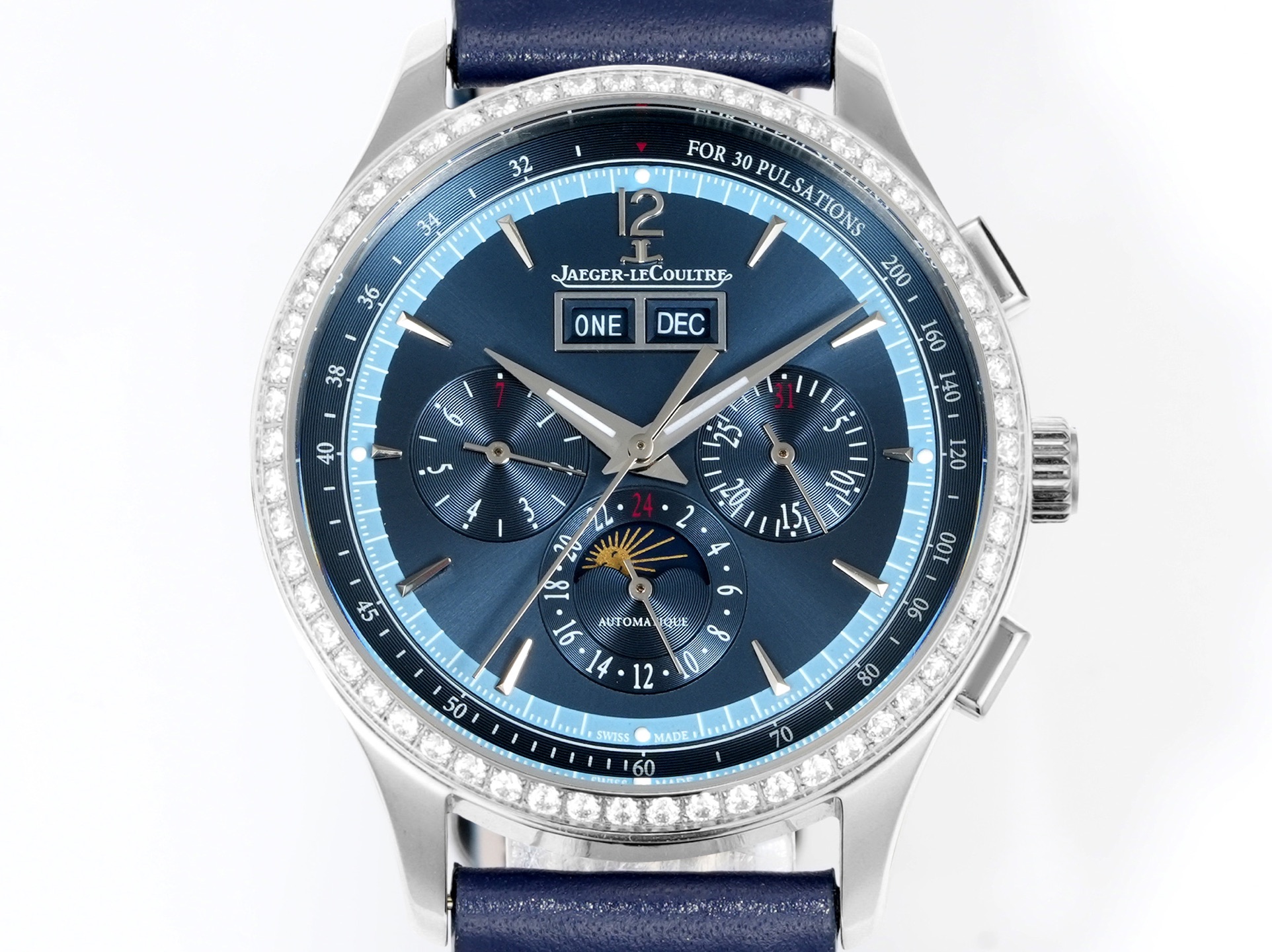 Jaeger-LeCoultre Master Control Chronograph Calendar 4138420 stainless steel diamond bezel blue dial blue leather strap 40mm Men's Automatic