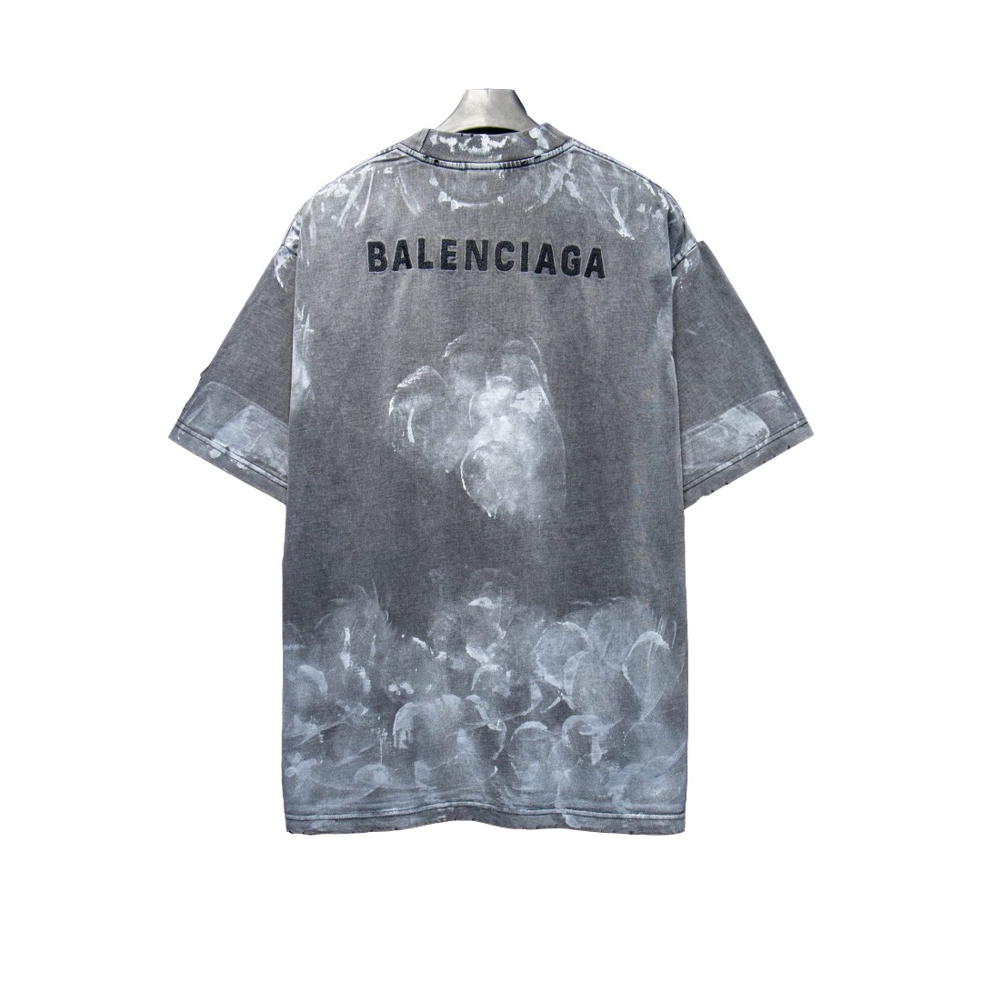 Balenciaga/巴黎世家 25ss油漆喷墨刺绣字母短袖 水洗黑
