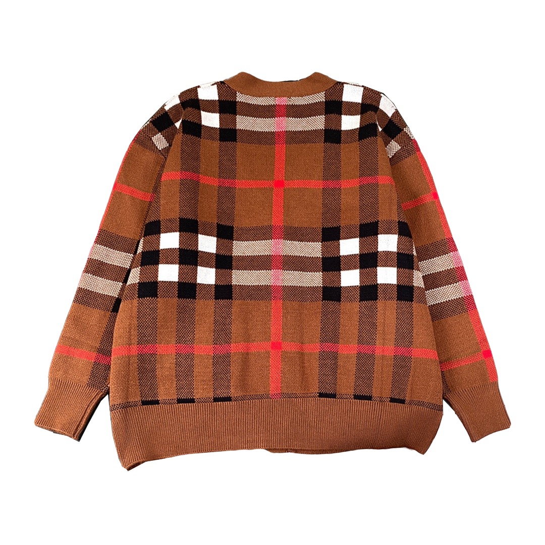 Burberry/巴宝莉 25ss经典条纹格子V领开衫毛衣外套 深卡其 浅卡其