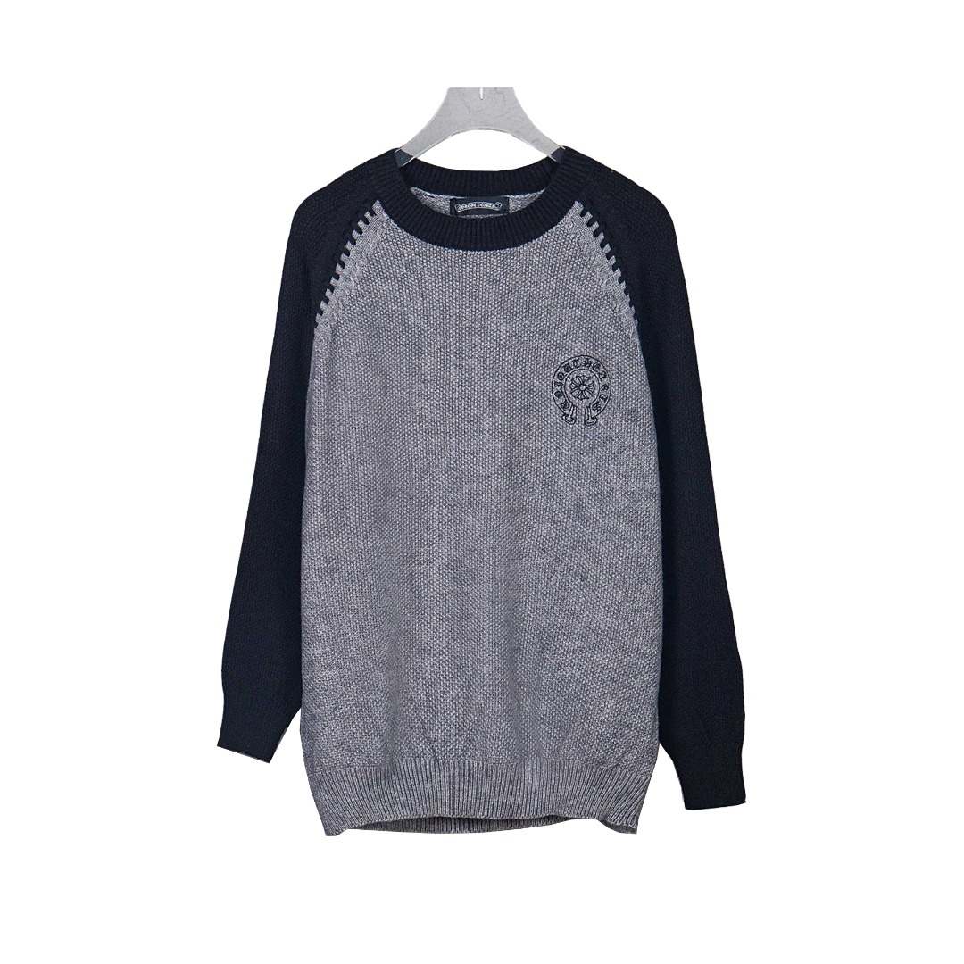 Chrome Hearts/克罗心25ss马蹄十字架刺绣插肩毛衣黑灰色