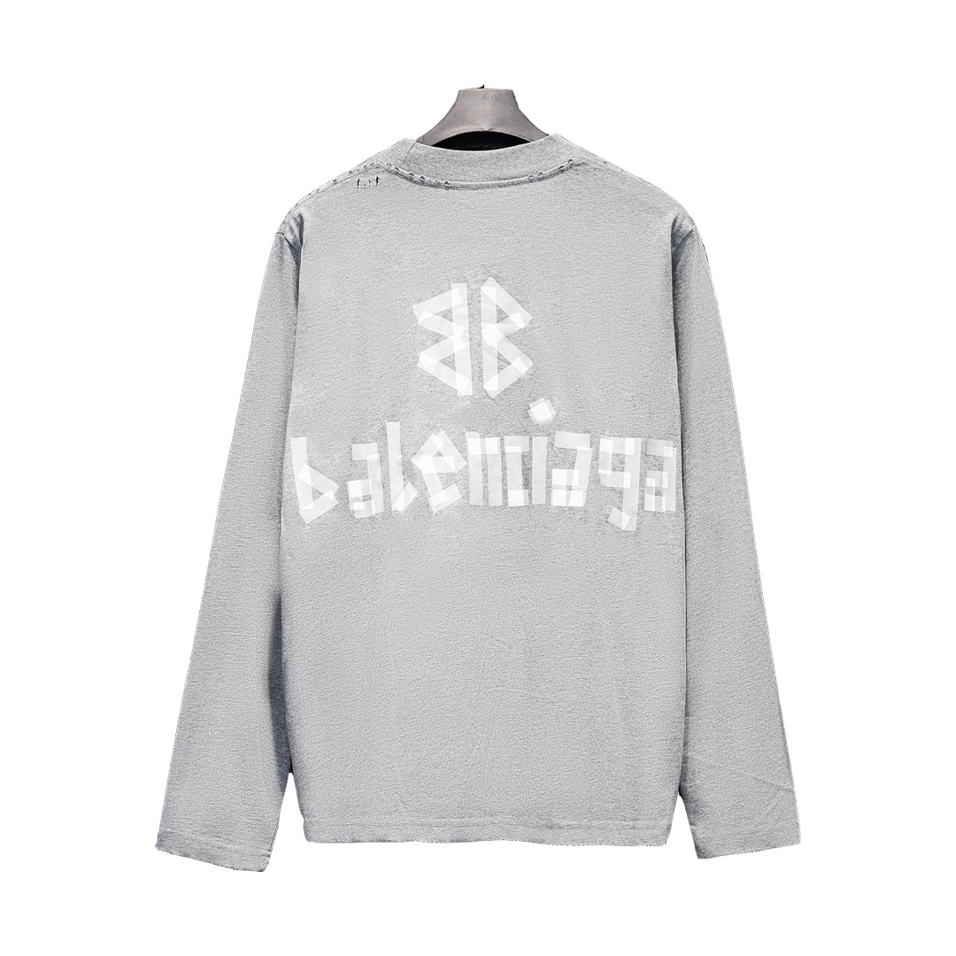 Balenciaga/巴黎世家做旧水洗胶带LOGO长袖 水洗黑 喷砂蓝 白色 灰蓝色 花灰色