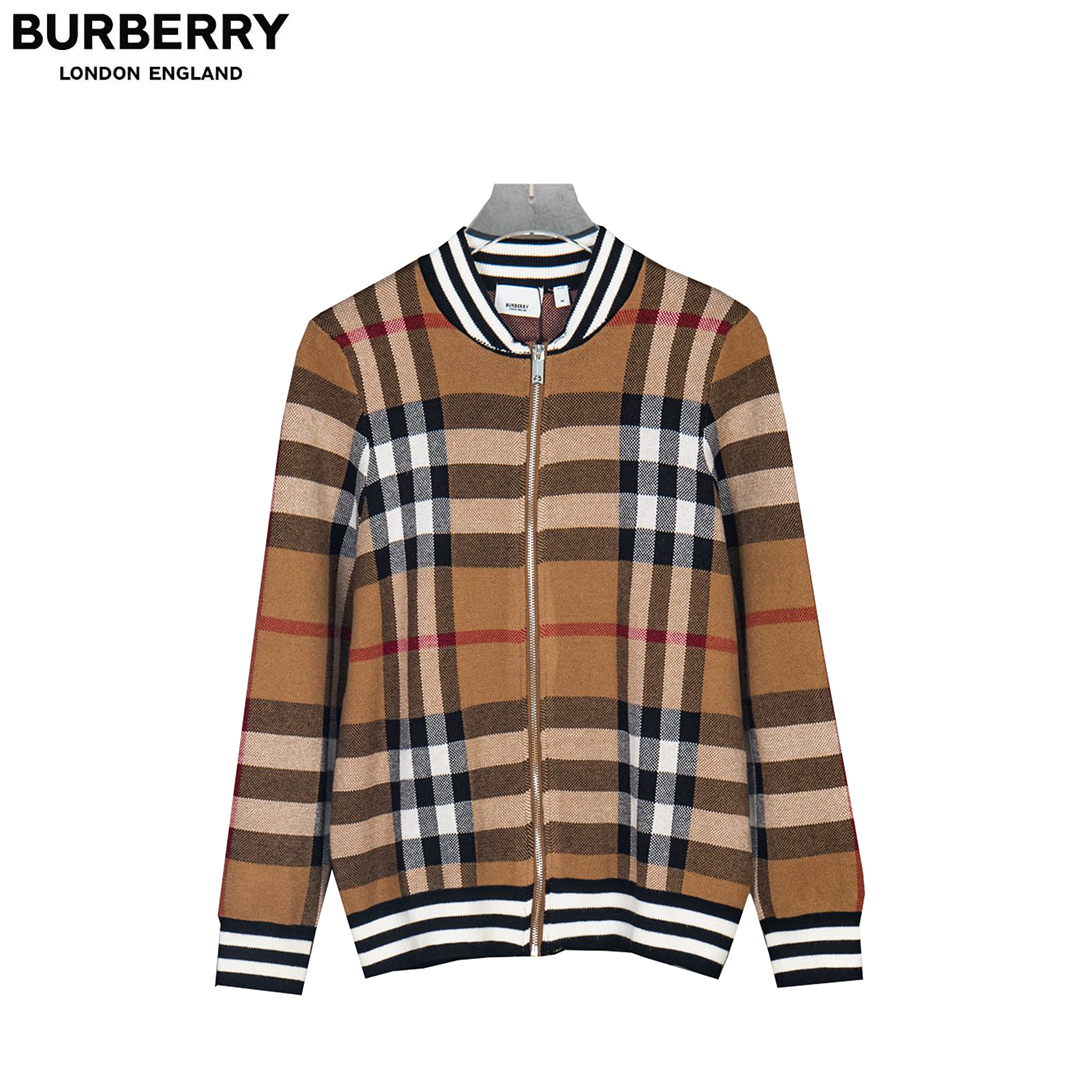 Burberry/巴宝莉新款经典条纹格子立领开衫毛衣针织外套