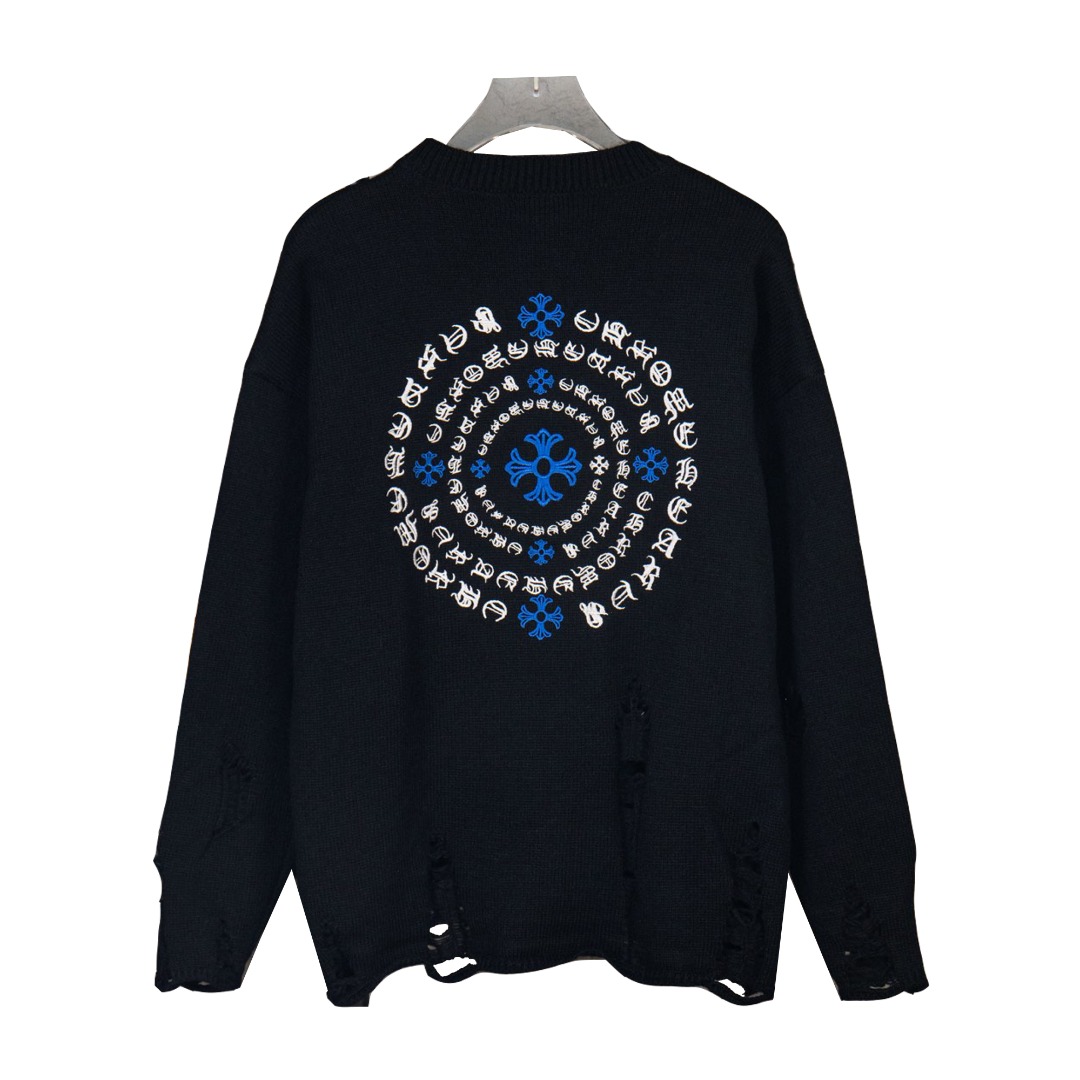 Chrome Hearts/克罗心刺绣圆盘梵文十字架破洞针织毛衣