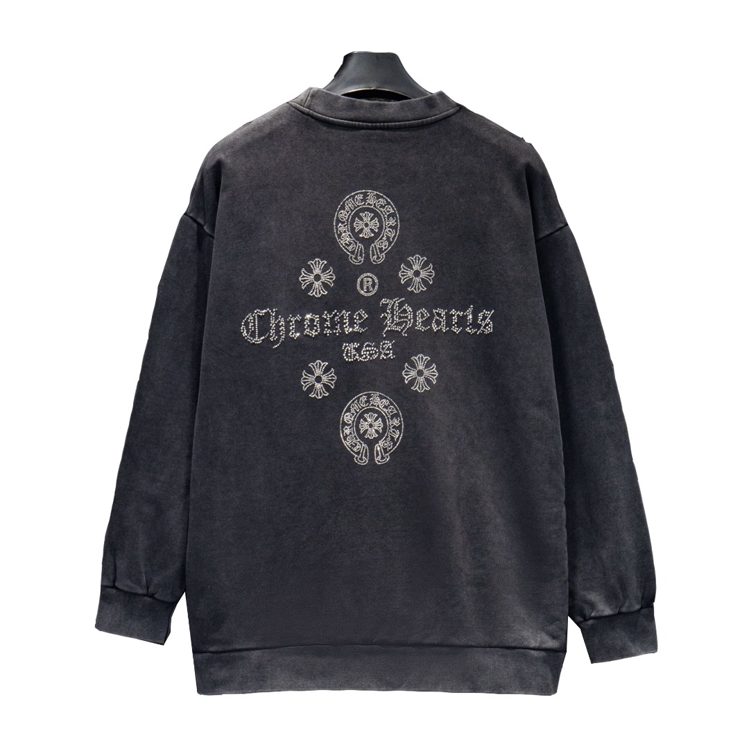 Chrome Hearts/克罗心 25Fw渐变烫钻圆领卫衣 水洗黑 反底炒灰