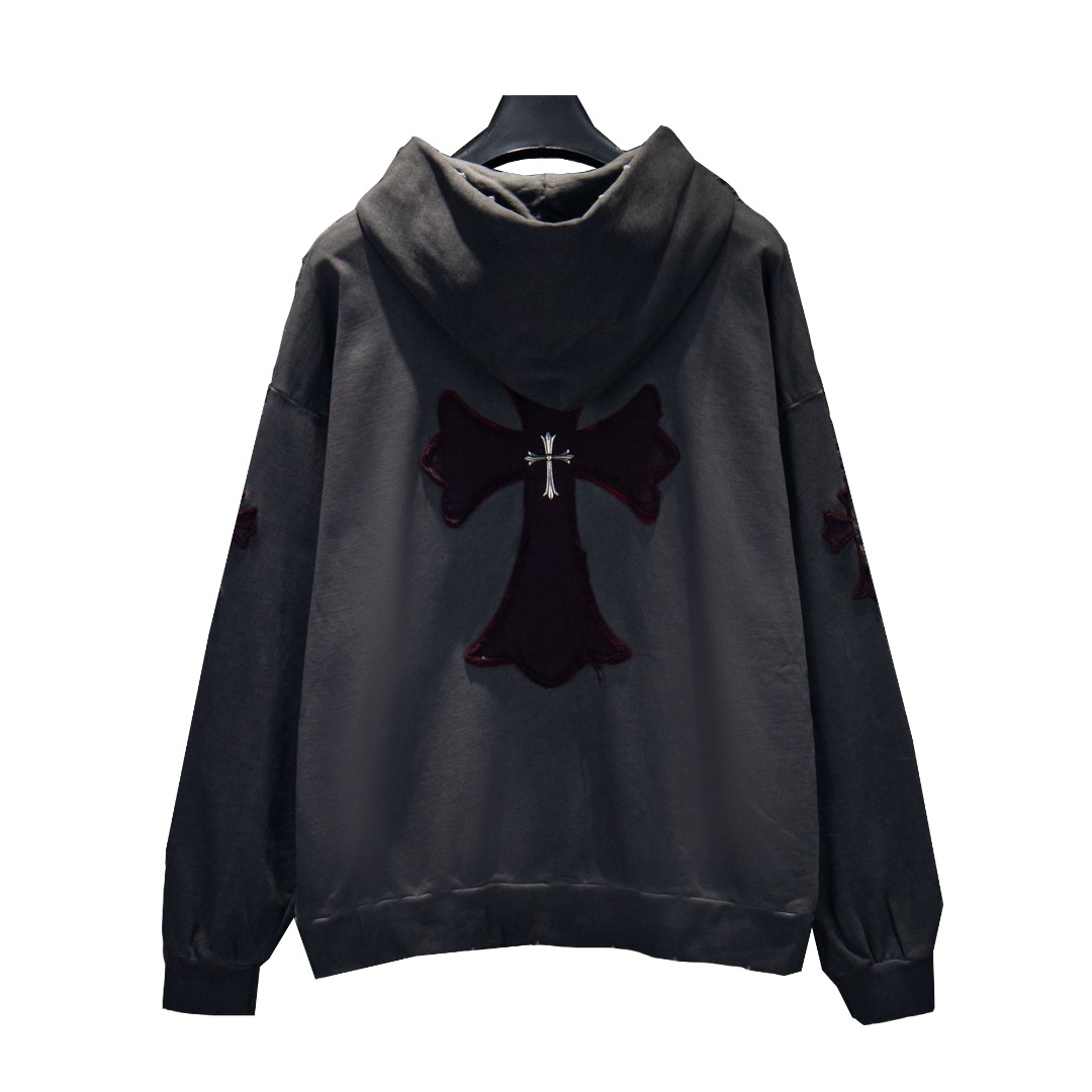 Chrome Hearts/克罗心25Fw一字架贴布连帽卫衣 采用订色订染毛圈纯棉卫衣面,420g双股双纱,手感舒适 进口针织针梳棉进行制作,厚度适中,有垂感又有轮廓型,上身就是一个舒适 对微胖身型包容性强,穿上瞬间瘦五斤! 前幅#后幅五金元素# 艺术排列英文字母 进口田岛高密度重工刺绣工艺 字体立体饱满 衣身加入反底炒色做旧磨破元素处理,更大大增加了服装的趣味性;独特的视觉效果. 下摆 宽松收口 双层面料 收口效果好 精致锁边 颜色:反底炒灰