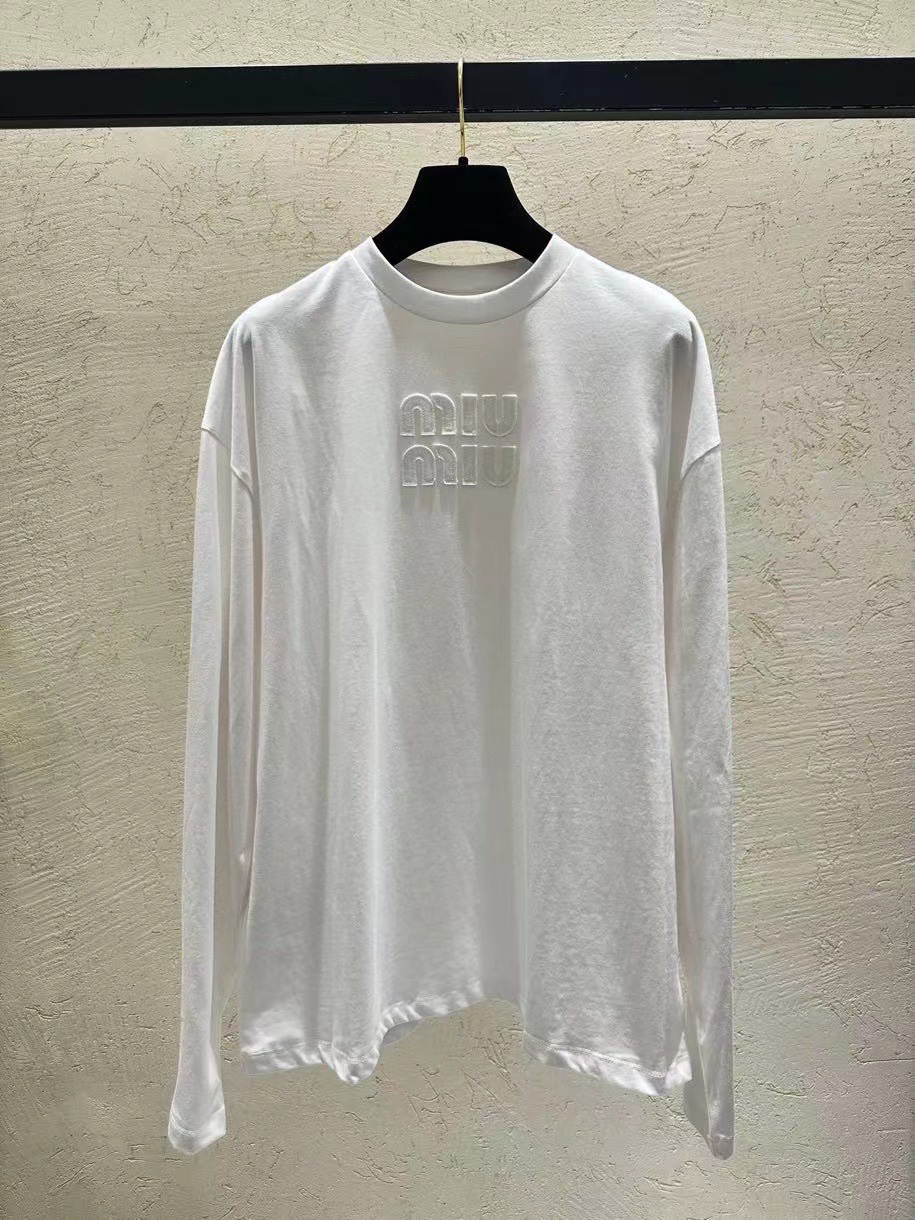 Shop the Best High Quality
 MiuMiu Clothing T-Shirt Embroidery Unisex Cotton Fall Collection Long Sleeve