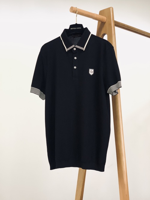 Bottega Veneta Men's Black Polo Shirt - Short Sleeve, Striped Trim 1 Bottega Veneta Men's Black Polo Shirt - Short Sleeve, Striped Trim