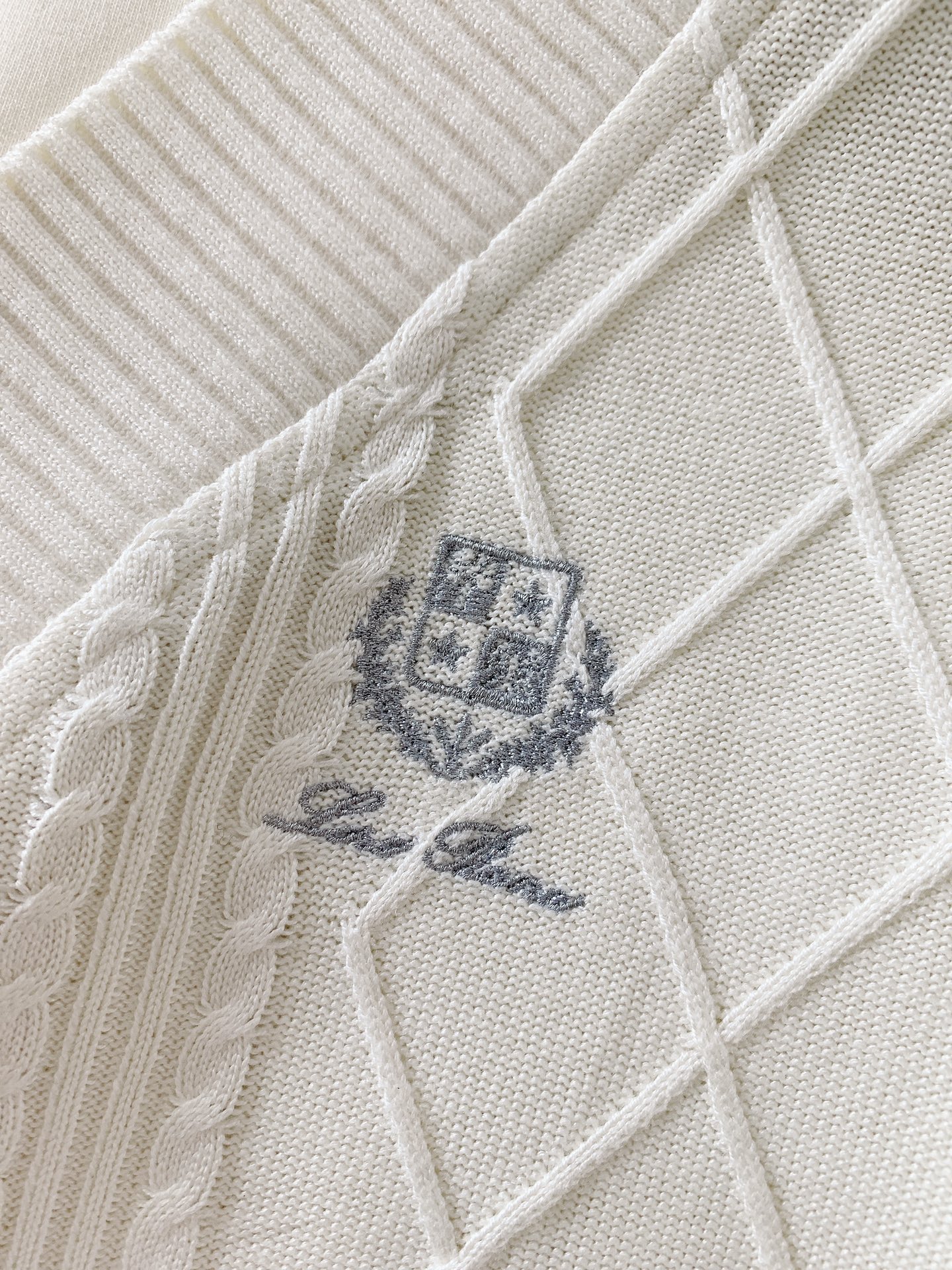 
LoroPiana L.P FW早秋新品
假两件休闲套头卫衣
菱格绞花拼接设计，复古与精致并存
V 型