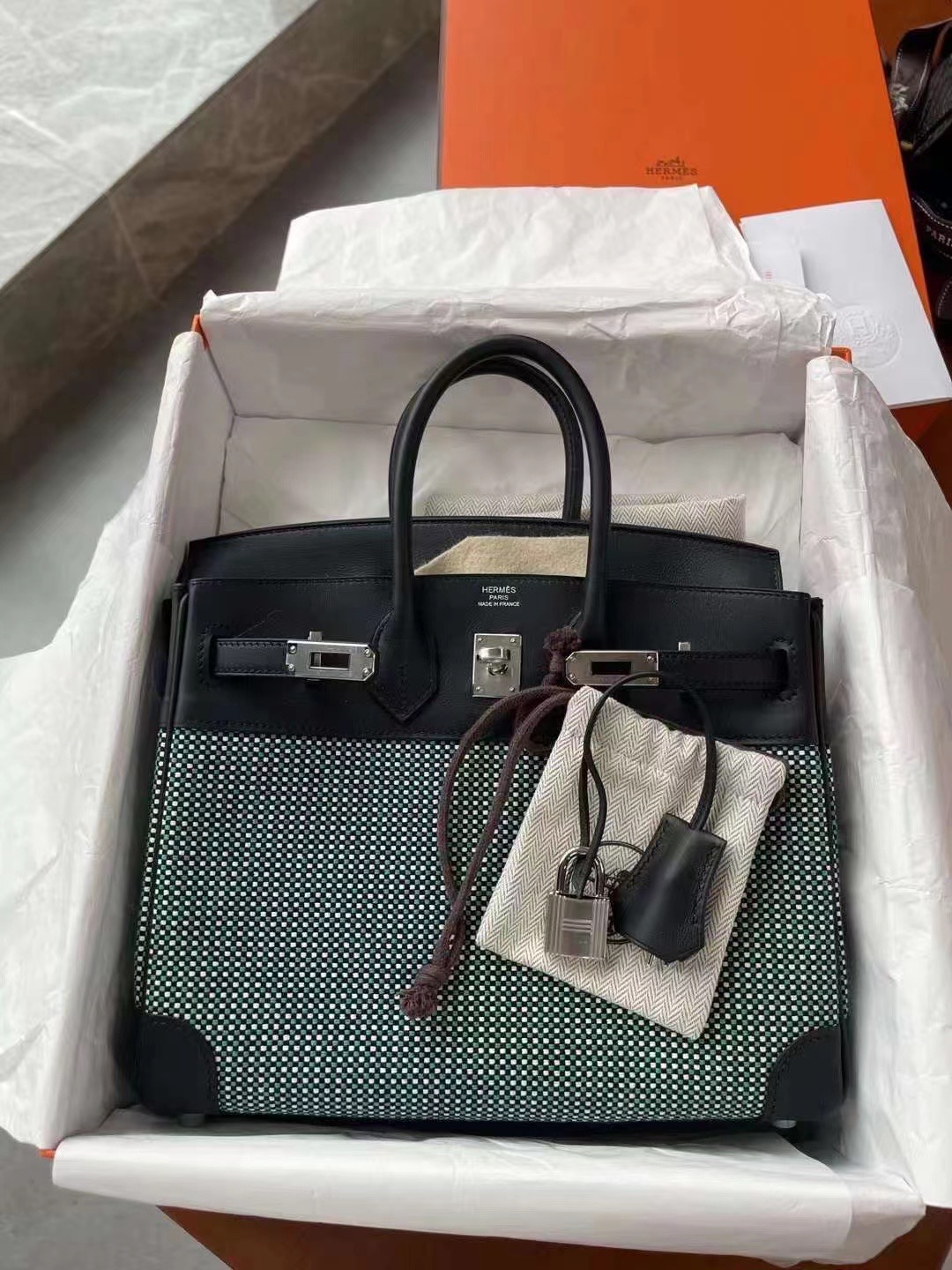 Hermès New debut Toile Birkin25 Swift leather and canvas waffle mint green, casual and lazy yet elegant